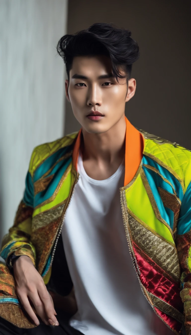 Fashion photo of Korean male model with black undercut hair, Muscular body, wearing colorful trend jacket sixpack exposed belly in flash cinematic style