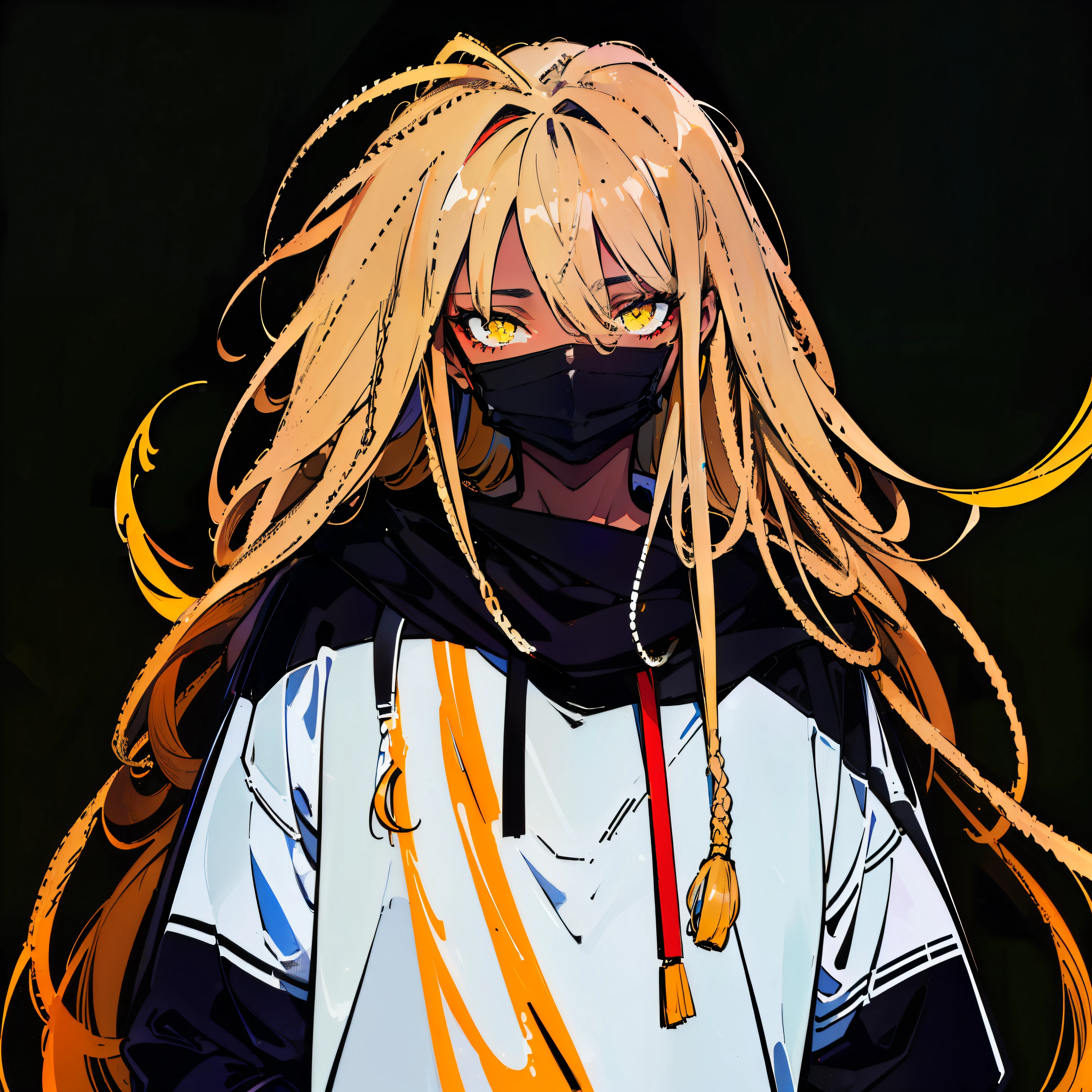 (best quality,highres:1.2),ultra-detailed,realistic:1.37,a young 25-year-old afro and dark-skinned male face with long dreadlocks wearing a mask over his mouth and blindfold on eyes, musical symbols surrounding him,illustration,portrait,hazy lighting,vibrant colors just his head