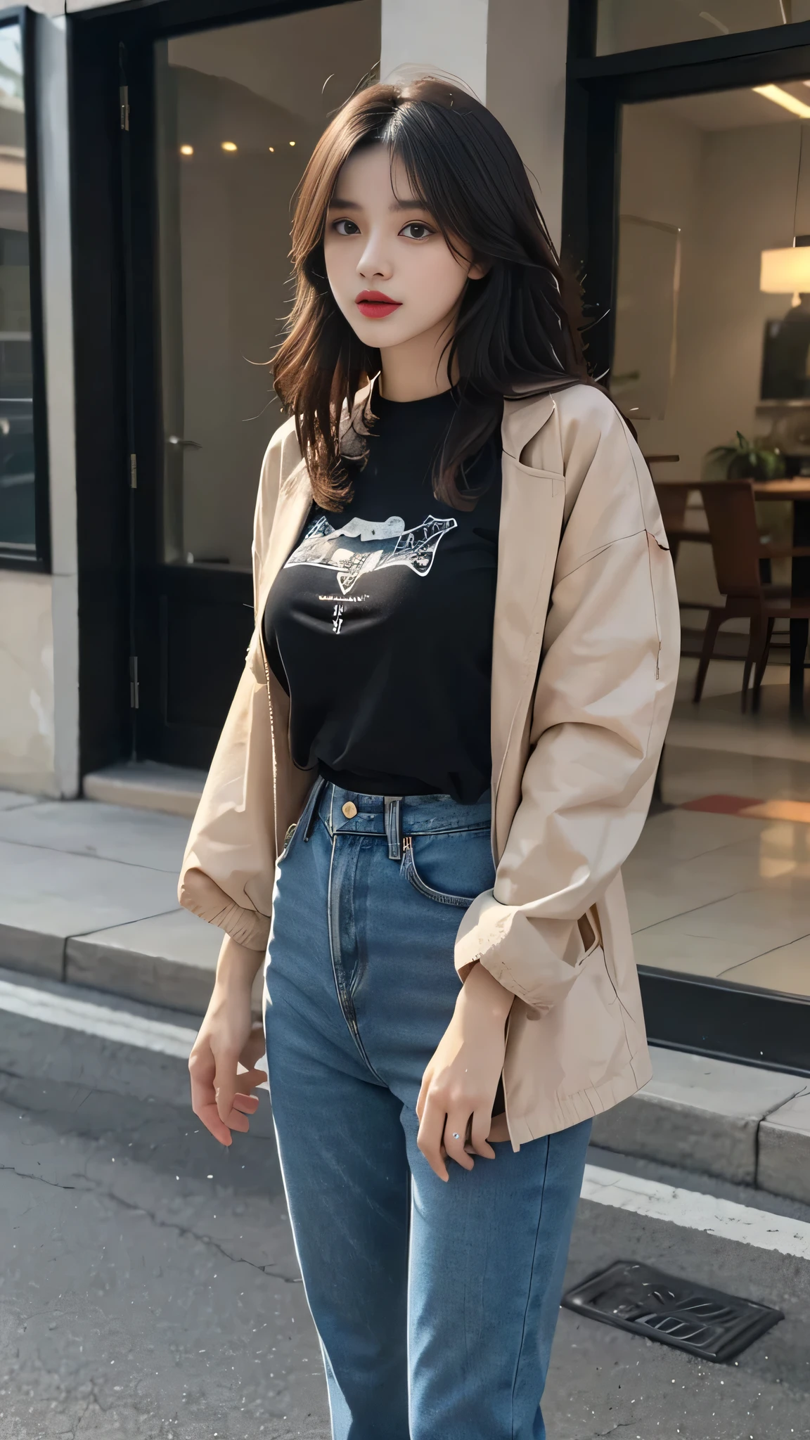 best quality,masterpiece,ultra high resolution,(actual:1.4),original photo,ultra high definition,8k, best quality, 1 Girl, dark brow hair, black eyes, long hair, Spiky hair, oversize t-shirt, jacket jeans, High waist short jeans