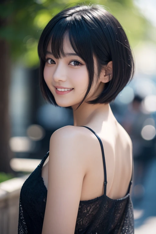 Beauty, black hair, short hair, anime, depth of field, from behind, UHD, masterpiece, best quality, high details, textured skin, ccurate, super detail,smile