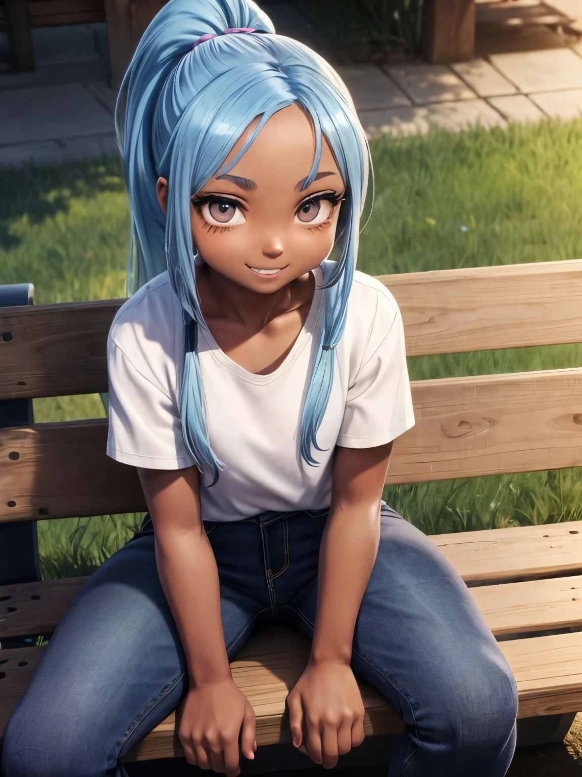 Urban park,girl１people,Long ponytail,Blue hair color, drooping eyes,Dark Eyes,13 years old,Brown skin,smile,Forehead,Blue jeans,Big white shirt,Sit on a bench with your legs spread,High angle,