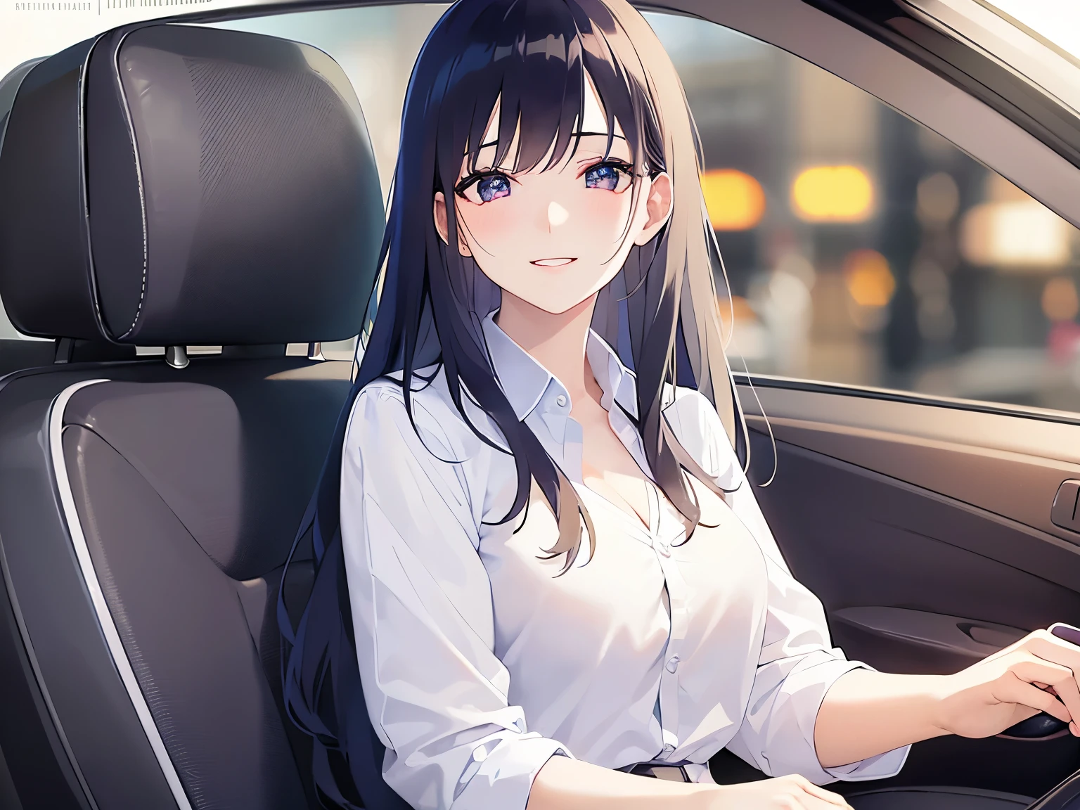 side angle, Cleavage、Upper body, Realistic, real person, (pale skin: 1.2), (RAW photo:1.5), photorealistic, shiny skin, shiny hair、(Bangs)25 year old woman with straight hair) and (medium hair) and (black hair) and (purple eyes) and (half eyes), (business suit) and (white collared shirt), (smile, blush:1.3), open mouth, The background is the back seat of a taxi、alone、Sitting