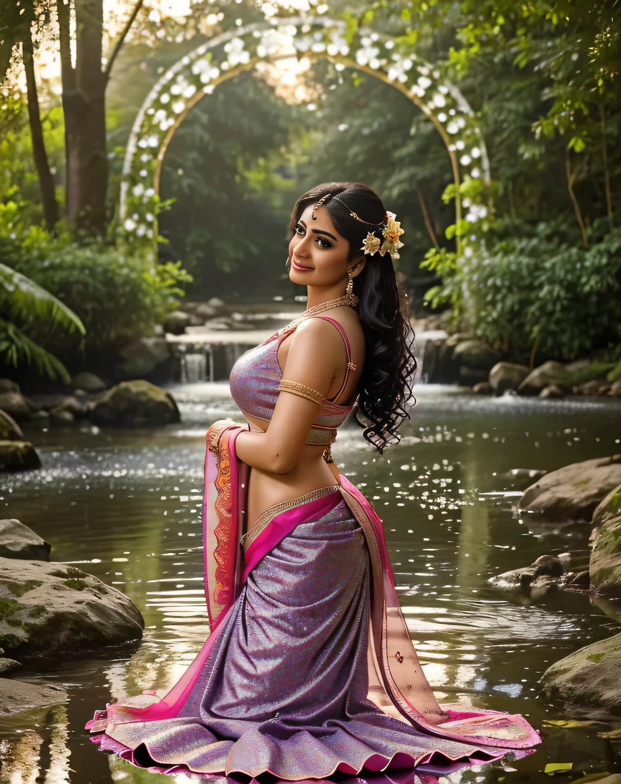 (((Stunningly Beautiful Bollywood supermodel))), elegant blue black updo hair, sweet smile, Beautiful bride posing under a fairy tale arch of exotic magical flowers, looking back,elaborate scene style, crystal glass lattice, glitter, transparent embroidered lace, realistic style, 8k,exposure blend, medium shot, bokeh, (cinematic), (hyperdetailed:1.2),Realism,1 XXL plus size woman, ((princess pose)) ,very very big breast, soft nylon sexy saree , multicolour ,flower design modern light saree, colorful, flower armor, good anatomy, best quality, (((masterpiece))), high quality, realist, best detailed, details, realist skin, skin detailed, underboobs, beautiful posing under a fairy tale of exotic magical flowers and meadows background,girl sit in lake,big_ , smile, flowers put on hand, wearing bangles wearing adherence, wearing saffron paste on forehead, , Realism, High detailed ,Sexy Big Breast,girl wearing indian saree, show half nipple, flowers garden , meadows ,princess dress, waterfall
((Girl immersed in water upto neck)),,undersized clothes,queenofmanedef,sari, face_in_assrecostado,AssRipple,lehenga choli indian saree(dressed in transparent saree)(wearing glitter graphics jewelry)big ,Sexy Big Breast,nipple,bright light ,long_hair, Bokeh ,nsfw , indian ,tree branch, colourfull ,undersized bra,princess dress,lehenga choli brest size bold women in loose