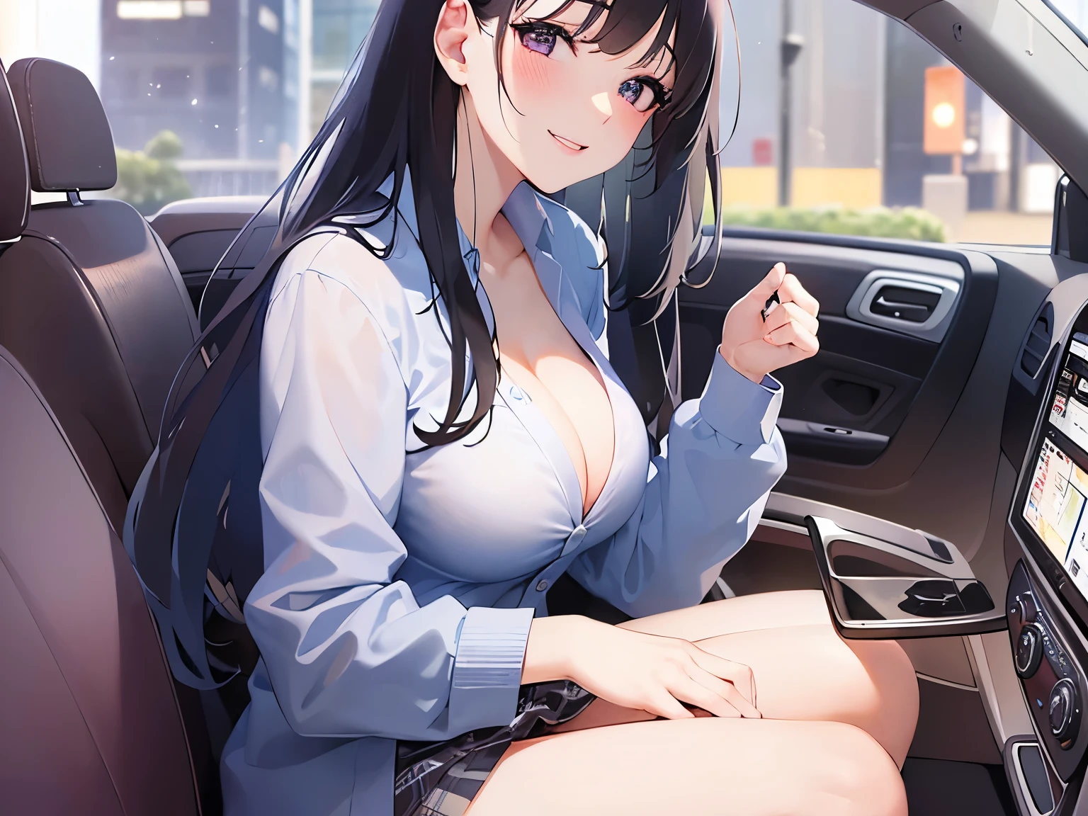 side angle, Cleavage、Upper body, Realistic, real person, (pale skin: 1.2), (RAW photo:1.5), photorealistic, shiny skin, shiny hair、(Bangs)25 year old woman with straight hair) and (medium hair) and (black hair) and (purple eyes) and (half eyes), (business suit) and (white collared shirt), (smile, blush:1.3), open mouth, The background is the back seat of a taxi、alone、Sitting
