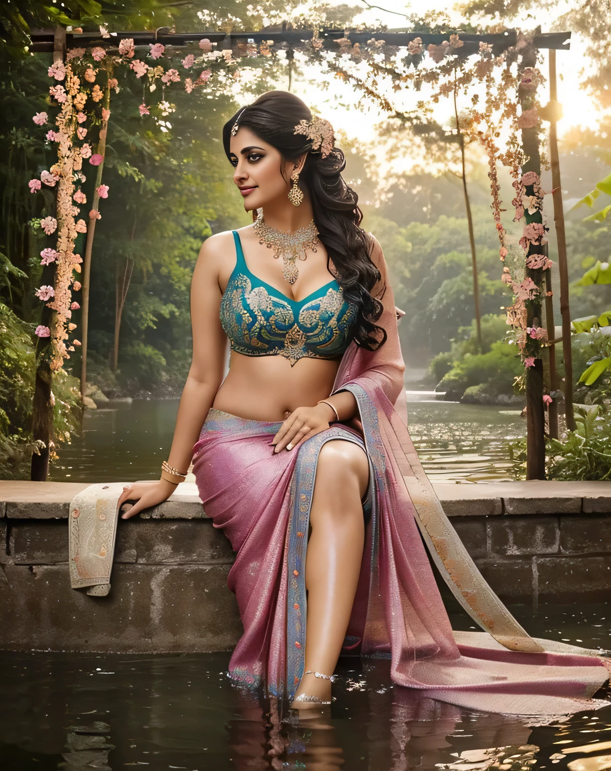 (((Stunningly Beautiful Bollywood supermodel))), elegant blue black updo hair, sweet smile, Beautiful bride posing under a fairy tale arch of exotic magical flowers, looking back,elaborate scene style, crystal glass lattice, glitter, transparent embroidered lace, realistic style, 8k,exposure blend, medium shot, bokeh, (cinematic), (hyperdetailed:1.2),Realism,1 XXL plus size woman, ((princess pose)) ,very very big breast, soft nylon sexy saree , multicolour ,flower design modern light saree, colorful, flower armor, good anatomy, best quality, (((masterpiece))), high quality, realist, best detailed, details, realist skin, skin detailed, underboobs, beautiful posing under a fairy tale of exotic magical flowers and meadows background,girl sit in lake,big_ , smile, flowers put on hand, wearing bangles wearing adherence, wearing saffron paste on forehead, , Realism, High detailed ,Sexy Big Breast,girl wearing indian saree, show half nipple, flowers garden , meadows ,princess dress, waterfall
((Girl immersed in water upto neck)),,undersized clothes,queenofmanedef,sari, face_in_assrecostado,AssRipple,lehenga choli indian saree(dressed in transparent saree)(wearing glitter graphics jewelry)big ,Sexy Big Breast,nipple,bright light ,long_hair, Bokeh ,nsfw , indian ,tree branch, colourfull ,undersized bra,princess dress,lehenga choli brest size bold women in loose