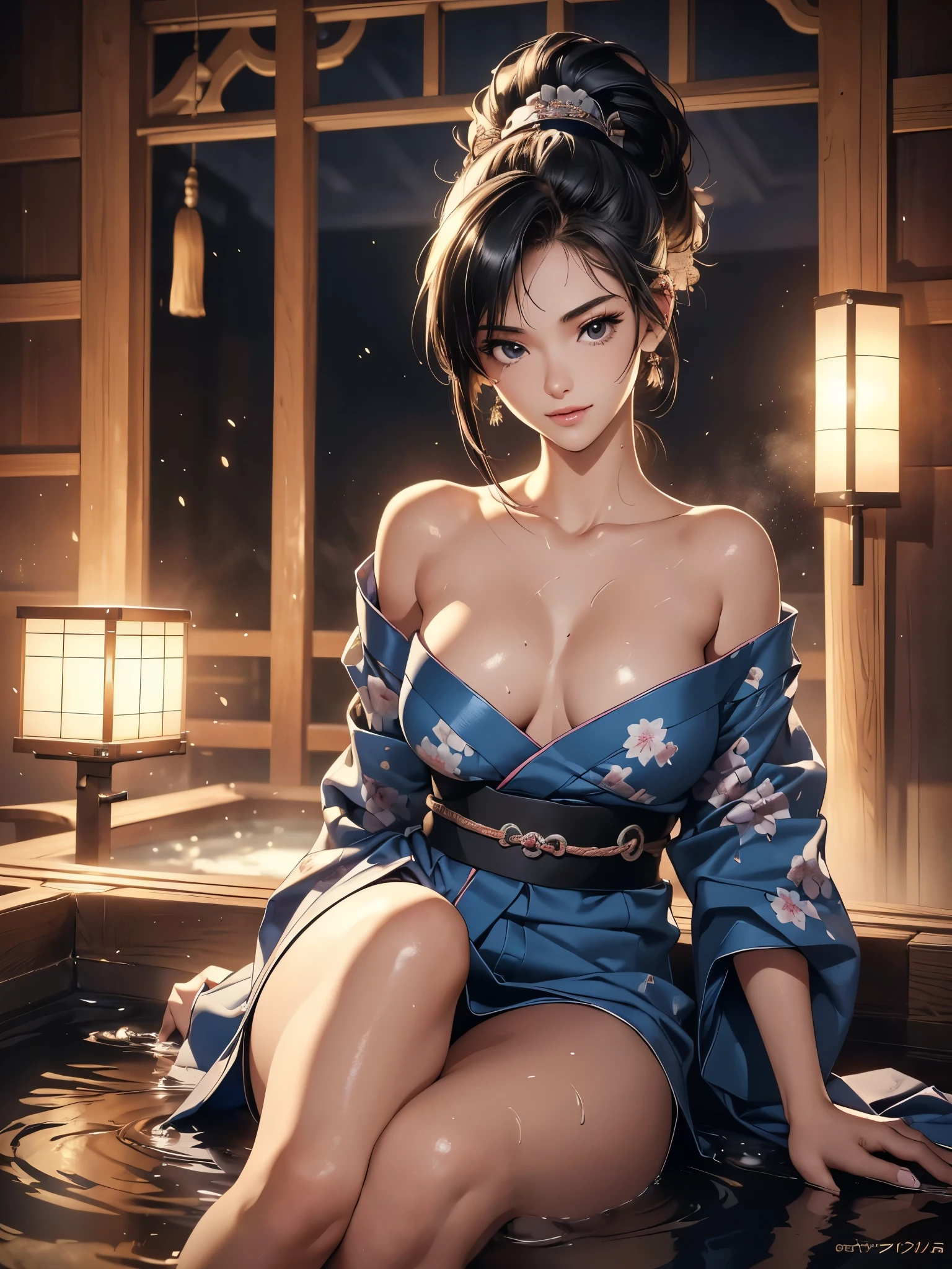 8k, highest quality, ultra high resolution, 1 female, 1980s pop culture anime style, 21 years old, (masterpiece, high resolution, detailed), Japanese, sweating, short cut, ponytail, big breasts (photorealistic) :1.4), (Famous Japanese actress:1.2), very beautiful, cute, professional photo, very delicate and beautiful, very detailed, very detailed beautiful girl, very detailed face, very detailed eyes, very detailed skin, very detailed fingers, very detailed nose, very detailed mouth, perfect anatomy, realistic body, fair skin, shiny skin, slender body, good figure, looking at viewer, smile, cute laugh Face (Black hair, (Ponytail, Beautiful girl, Perfect small face, D cup, Thin, Top quality, Ultra high resolution, Detailed background, Masterpiece, Anatomically correct, Detailed face, Beautiful face in every detail, Cute 20 Beautiful girl in her s, black hair, highest quality, 4K quality, hot spring, sitting woman, woman in yukata, woman's ponytail, woman is 21 years old Steam, sweat,