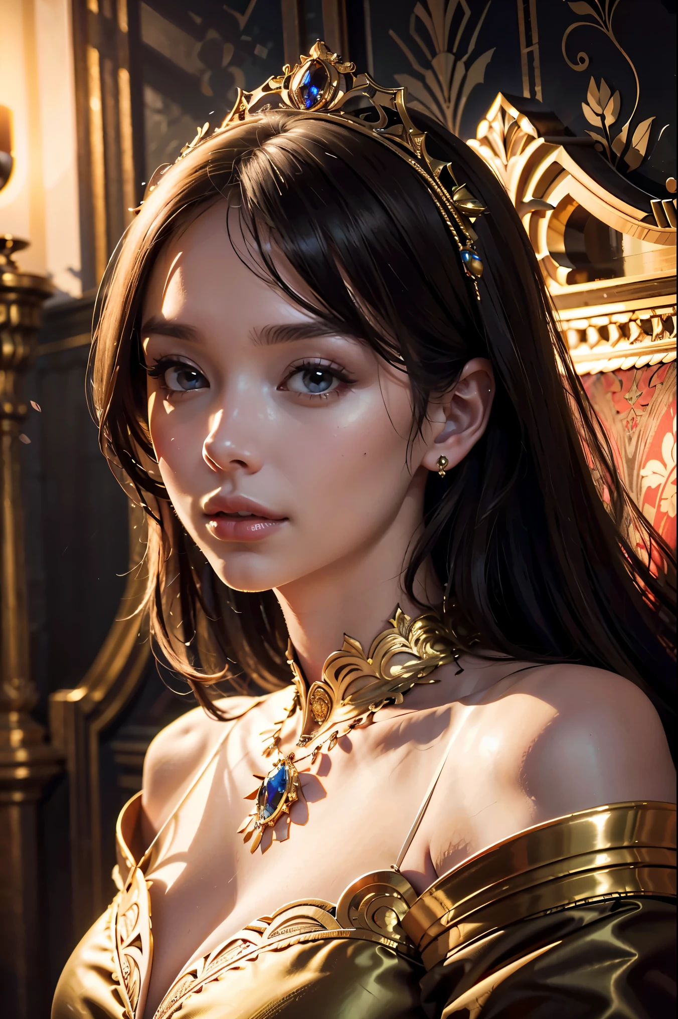 (best quality,4k,8k,highres,masterpiece:1.2),ultra-detailed,(realistic,photorealistic,photo-realistic:1.37),oil painting,princess,medieval,fantasy,royalty,arrogant,tyrannical ruler,confident,regal,dark atmosphere,castle,throne room,ornate decorations,dramatic lighting,rich color palette,lush garden,mysterious aura,haughty expression,flowing gown,luxurious jewelry,meticulously crafted crown,sharp features,evil smirk,intense gaze,elaborate hairstyles, princess in a majestic palace,ominous clouds,hidden secrets,secretive smile,domineering presence,fascinating shadows,commanding presence,adorned with power,ageless beauty,floating ethereal presence,grandiose architecture,menacing presence of the princess