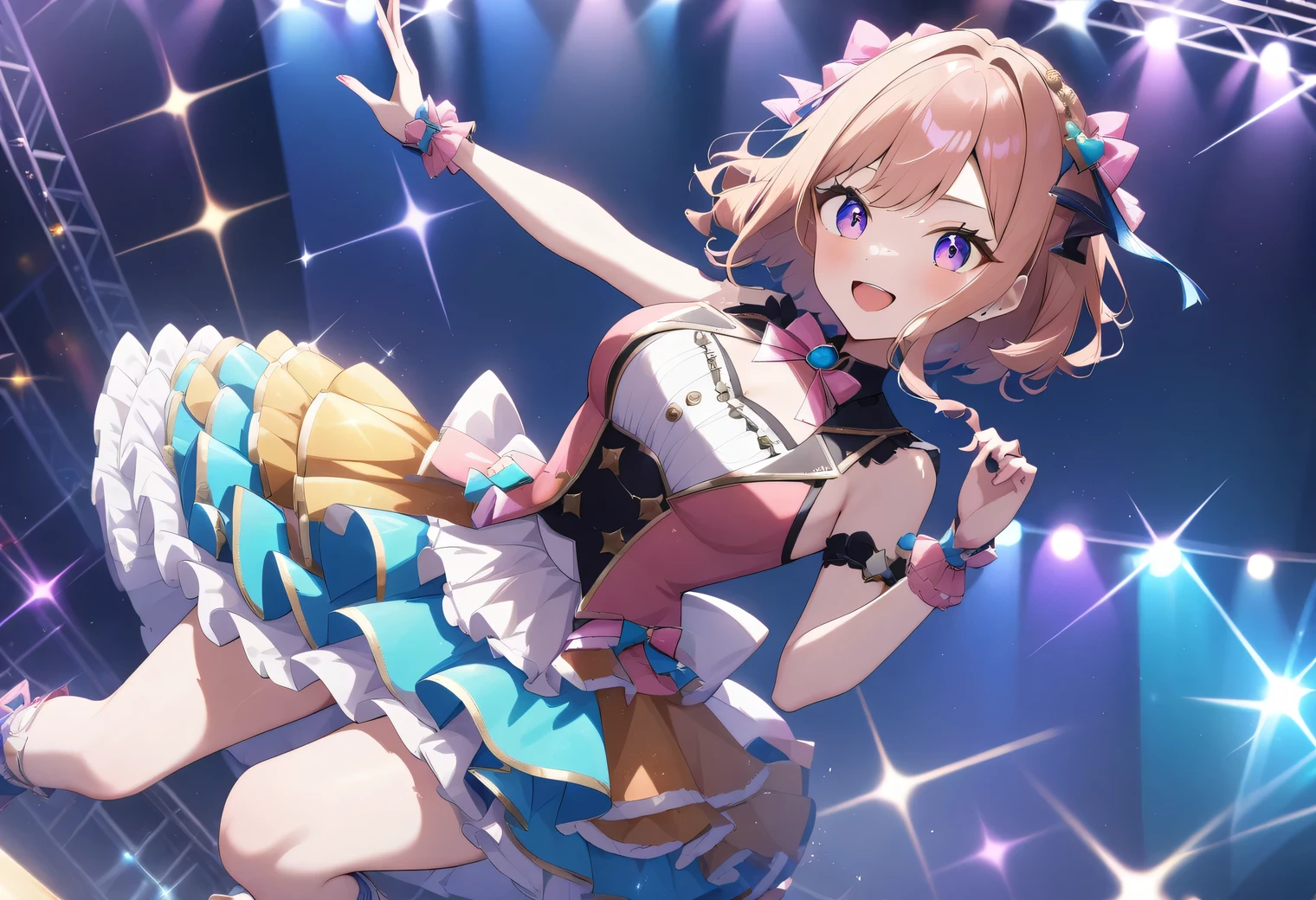 Idol Stage, Idol Stage anime, cute, beautiful, colorful, bright, detailed, clear, high texture smoothing, high resolution 32k, wide camera angle, band, glitter, idol dresses