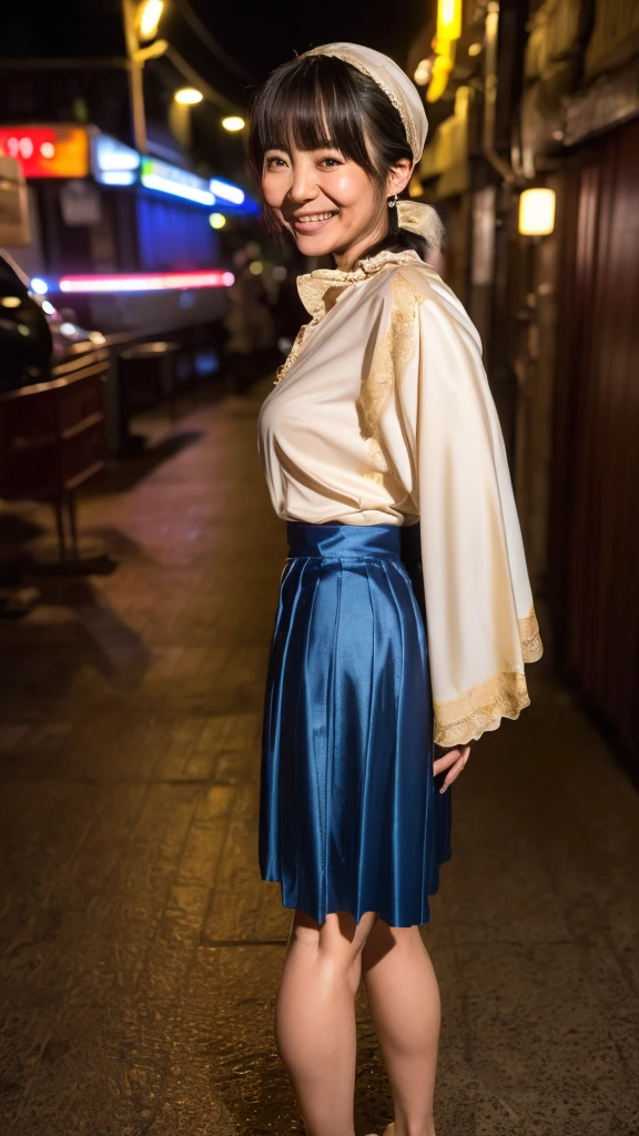 ((highest quality)), ((8K)), ((masterpiece: 1.3)), (Perfect appearance), (Photorealism: 1.6), (路地ですれ違うJapanese Mature), (Kabukicho Ichibangai at night: 1.4), (Busy: 1.4), (Narrow alley lined with izakayas: 1.2), (Detailed background), (60 years old, Japanese Mature), (Beautiful Japanese mature woman: 1.2), ((Realistic skin texture)), (Fine lines all over the skin), (Dull skin), (Moisture wrinkles on the face), (Wrinkles around the eyes), double eyelid, Tear bags under the eyelids, Looking back and smiling gently, (Short bangs: 1.2), Straight long hair, (Hair tied back: 1.2), hair with natural movement, (Blouse and plain long skirt: 1.4), High heels, (Full body portrait: 1.4), (Angle from the legs: 1.4),