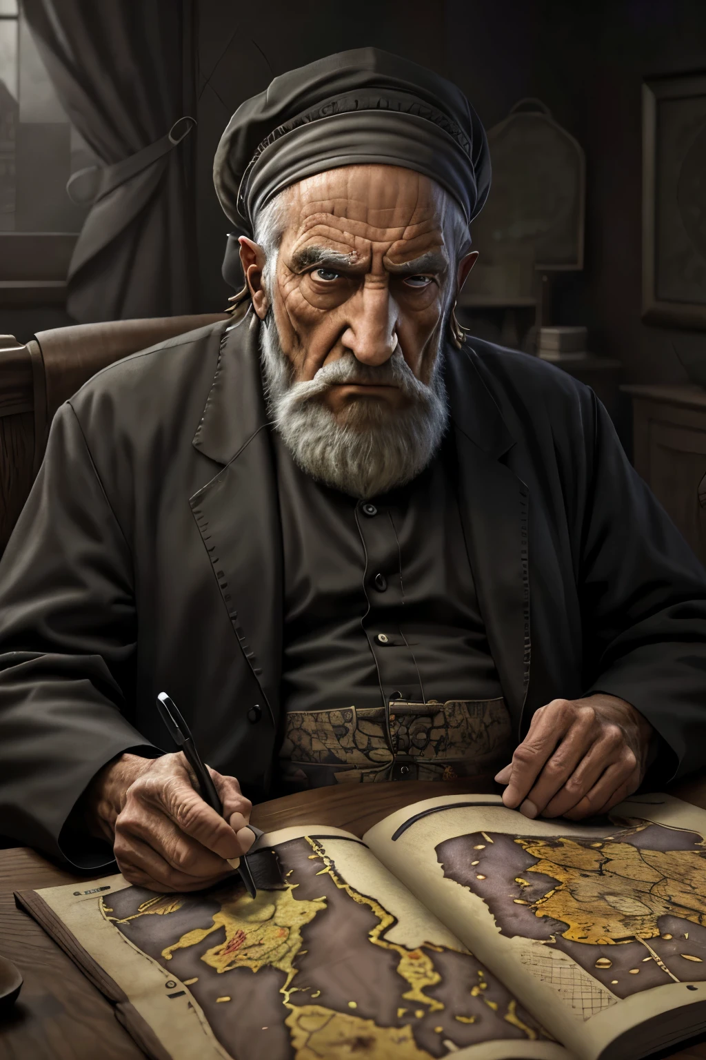 An old man, with a menacing and greedy demeanor, a profoundly large nose, and wearing a yarmulke, is seated at the table with a detailed, intricately designed world map before him. (realistic: 1.3), (best quality), (high resolution: 4K), (HDR: 1.1), (cinematic lighting), (sharp focus). This old man, with his prominent nose and ominous aura, intently studies the map while wearing his yarmulke, immersed in deep thought. (absurd: 0.8), (masterpiece: 1.0), (moody atmosphere: 1.