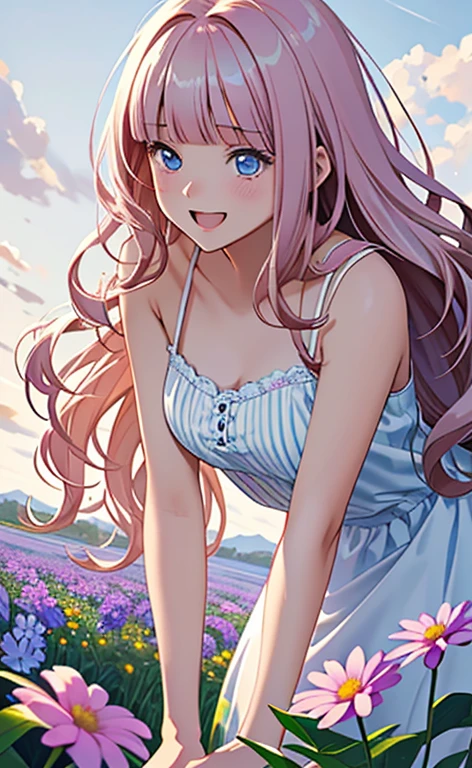 (masterpiece:1.4、top-quality、illustration:,realistic、)、(character focus、,upper body1.3)、(1girl),(very loud laugh:1.3),(),cute face,blue eyes、(tareme:1.3)、(),
(flower field:1.4),(stand:1.4)、(leaning forward:1.5),、
(pink blonde hair),(very long hair:1.5)、
,(Flower Field:1.3、),(white camisole dress:1.5),
(blunt bangs),(,sidelocks,wavy hair:1.3), (medium breasts)、
、slender、
