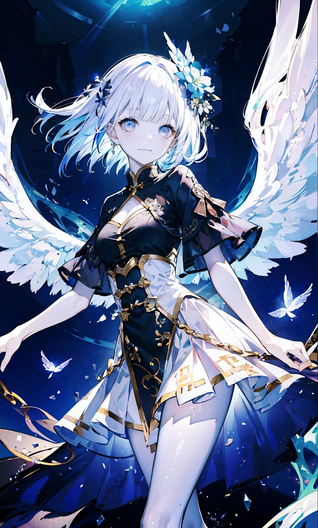 The angel is depicted with a pale and glowing cot has heterochromatic eyes.、Its skin seems to radiate an otherworldly glow。he、Symbol of divinity、Decorated with a pair of shining Fair wings。This scene is so wonderful.、它捕捉了這些天體的美麗和mystery。Angelic、pale、glow、color、shine、A rare treasure、Brilliance、shine、Fair、wingspan、sanctity、Fair、charming、beauty、mystery。