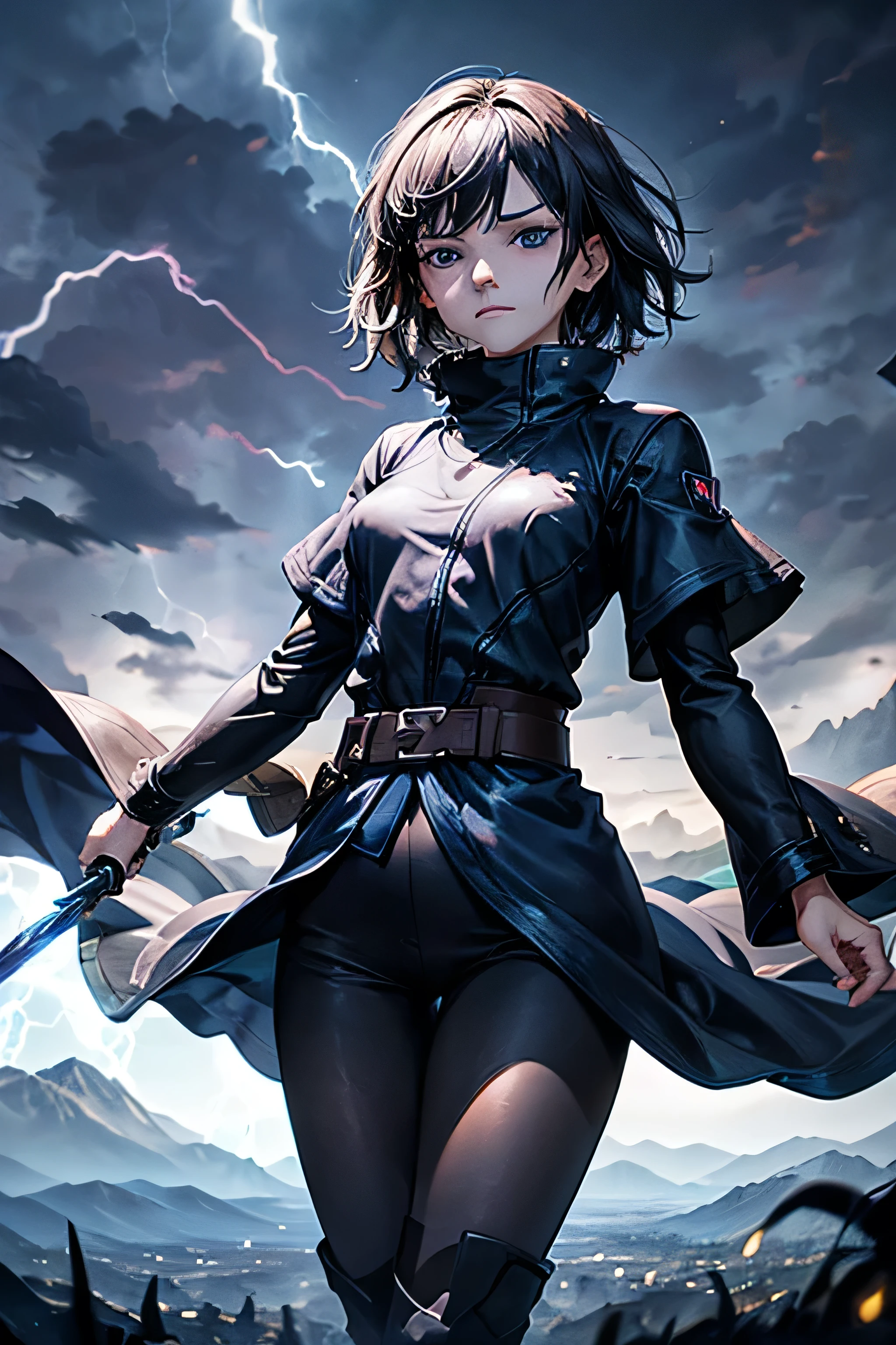 1girl, highly detailed, masterpiece, best quality, correct hands, small breasts, short black hair, short hair, blue eyes, black robe, black pants, blue shirt, purple vest, defined curves, smug look, satisfied look, mountain background, storm, lightning, stormy atmosphere, flying, floating above the ground, surrounded by lightning, static sparks, holding a sword, staff