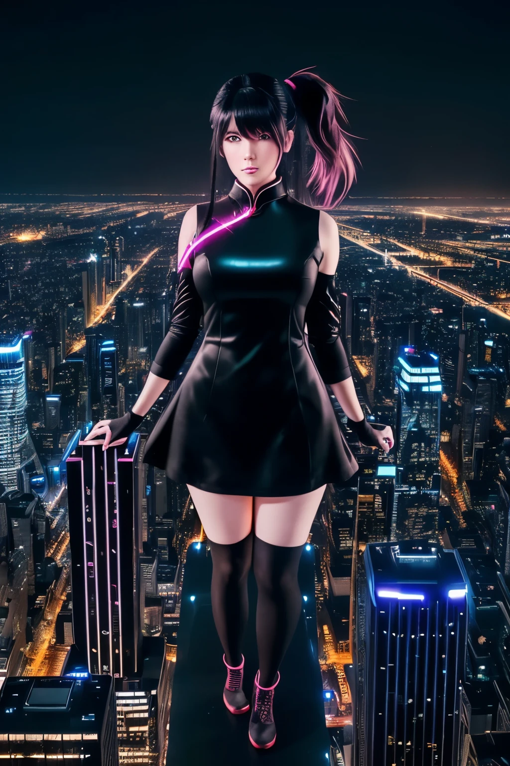 Anime, (artwork, best quality, ultra-detailed, high contrast), 1 woman (Alone, full body, plus size body, standing on the edge of a towering skyscraper, silver hair in a long ponytail, red eyes with perfect ruby sparks, simple black qipao contrasting against intricately designed black cybernetics with neon pink accents, transparent black socks revealing her slender legs, (skyscraper roof, overlooking a metropolis bathed in darkness, detailed background highlighting the twinkling lights of the cityscape in the nighttime, low light pollution creating an ethereal glow)).