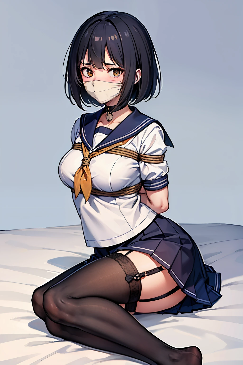 ((sailor uniform)), OTN, bound, scared expression, (Highly detailed CG Unity 8K), (highest quality)，(Very detailed)，(Ultra-high resolution), 1 female, White gag, Sailor suit, Rope Bondage, breasts Rope Bondage, hands back Rope Bondage, leg Rope Bondage, thigh Rope Bondage, bust Rope Bondage, feet Rope Bondage, Put your arms behind your hips, Wrists tied, Tie your ankles, Gagged with white cloth, Dark Blue Skirt, ((Black Stockings)), Black garter belt, loafers, Black Hair, Bobcut, 