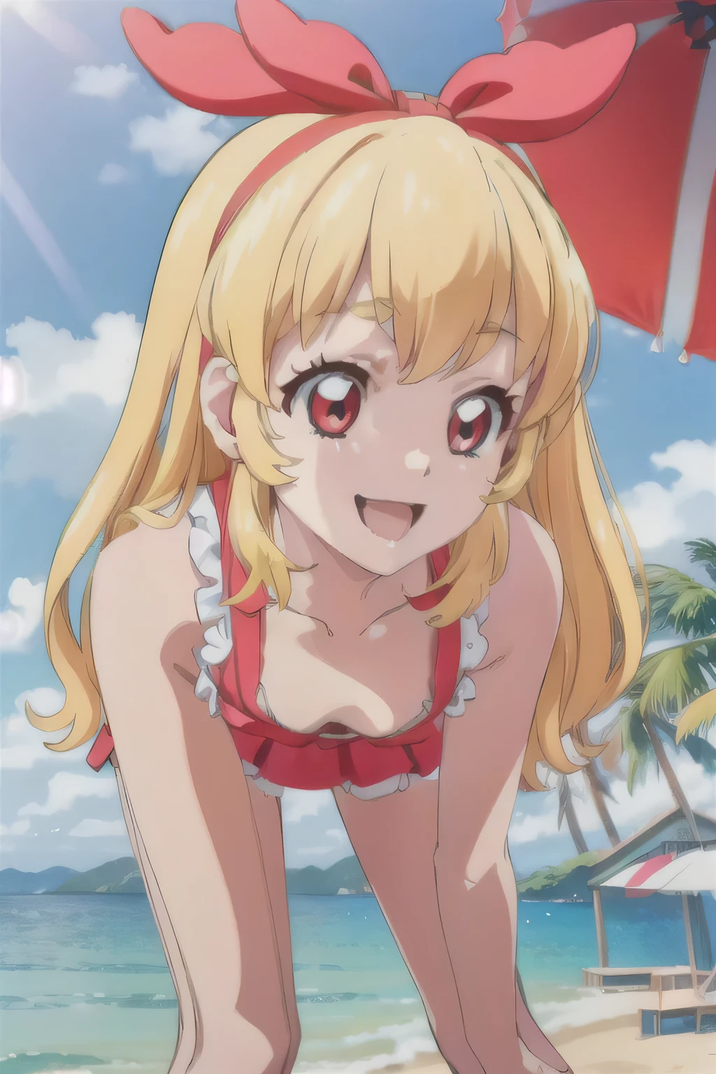 Masterpiece、Masterpiece、smile、Open your mouth、Twin tails、Blonde、cute ruffle swimsuit、Red ribbon、Seaside、Beach parasol、Sandy Beach、Ripples、Lean forward with your hands on your knees、Sunshine、Close-up of face、Cleavage