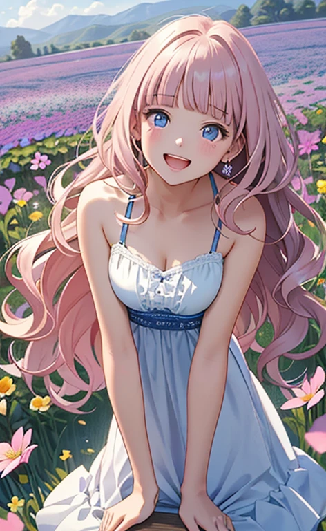 (masterpiece:1.4、top-quality、illustration:,realistic、)、(character focus、,upper body1.3)、(1girl),(very loud laugh:1.3),(),cute face,blue eyes、(tareme:1.3)、(),
(flower field:1.4),(stand:1.4)、(leaning forward:1.5),、
(pink blonde　hair),(very long hair:1.5)、
,(Flower Field:1.3、),（white camisole dress:1.5),
(blunt bangs),(,sidelocks,wavy hair:1.3), (medium breasts)、
、slender、
