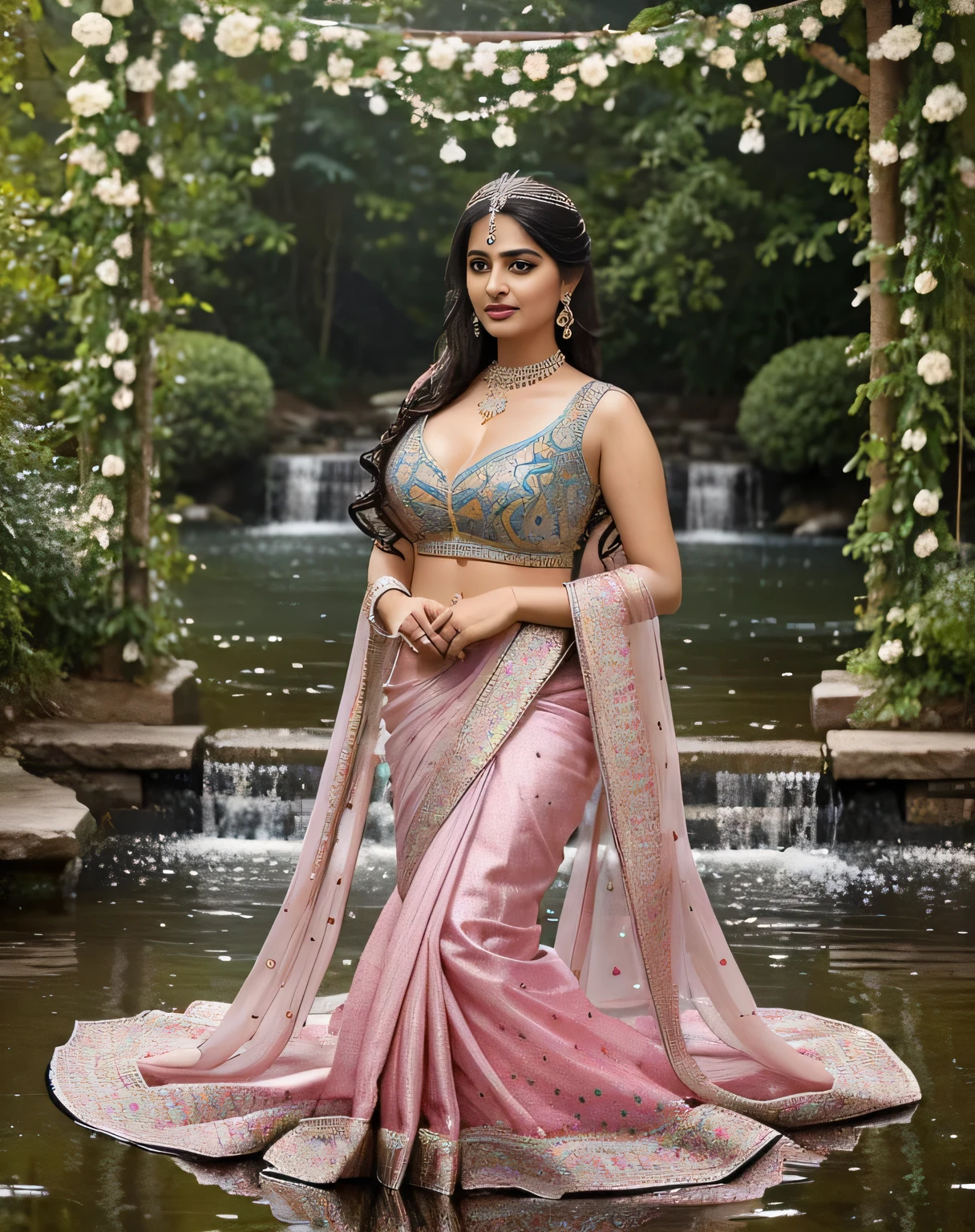 (((Stunningly Beautiful Bollywood supermodel))), elegant blue black updo hair, sweet smile, Beautiful bride posing under a fairy tale arch of exotic magical flowers, looking back,elaborate scene style, crystal glass lattice, glitter, transparent embroidered lace, realistic style, 8k,exposure blend, medium shot, bokeh, (cinematic), (hyperdetailed:1.2),Realism,1 XXL plus size woman, ((princess pose)) ,very very big breast, soft nylon sexy saree , multicolour ,flower design modern light saree, colorful, flower armor, good anatomy, best quality, (((masterpiece))), high quality, realist, best detailed, details, realist skin, skin detailed, underboobs, beautiful posing under a fairy tale of exotic magical flowers and meadows background,girl sit in lake,big_ , smile, flowers put on hand, wearing bangles wearing adherence, wearing saffron paste on forehead, , Realism, High detailed ,Sexy Big Breast,girl wearing indian saree, show half nipple, flowers garden , meadows ,princess dress, waterfall
((Girl immersed in water upto neck)),,undersized clothes,queenofmanedef,sari, face_in_assrecostado,AssRipple,lehenga choli indian saree(dressed in transparent saree)(wearing glitter graphics jewelry)big ,Sexy Big Breast,nipple,bright light ,long_hair, Bokeh ,nsfw , indian ,tree branch, colourfull ,undersized bra,princess dress,lehenga choli