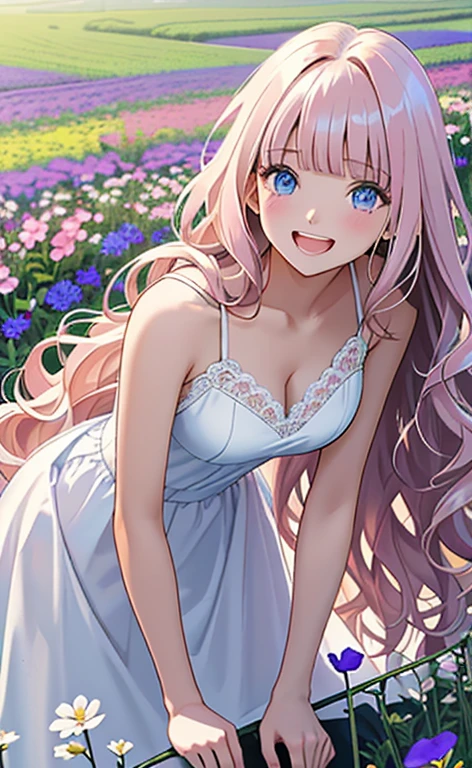 (masterpiece:1.4、top-quality、illustration:,realistic、)、(character focus、,upper body1.3)、(1girl),(very loud laugh:1.3),(),cute face,blue eyes、(tareme:1.3)、(),
(flower field:1.4),(stand:1.4)、(leaning forward:1.5),、
(pink blonde　hair),(very long hair:1.5)、
,(Flower Field:1.3、),（white camisole dress:1.5),
(blunt bangs),(,sidelocks,wavy hair:1.3), (medium breasts)、
、slender、