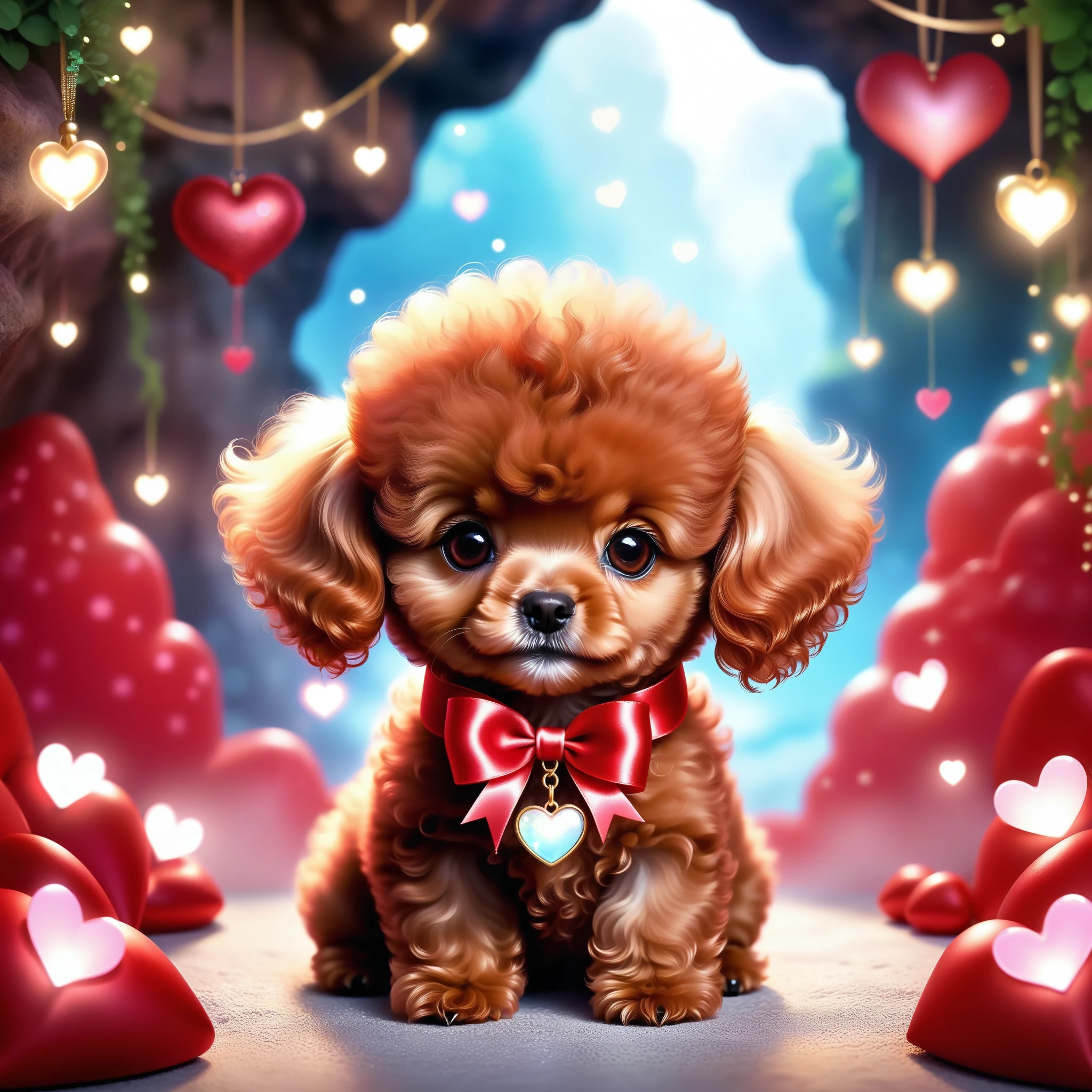 best quality fantasy art of an adorable red baby Poodle, ribbon, heart, light bokeh, kawaii cave background