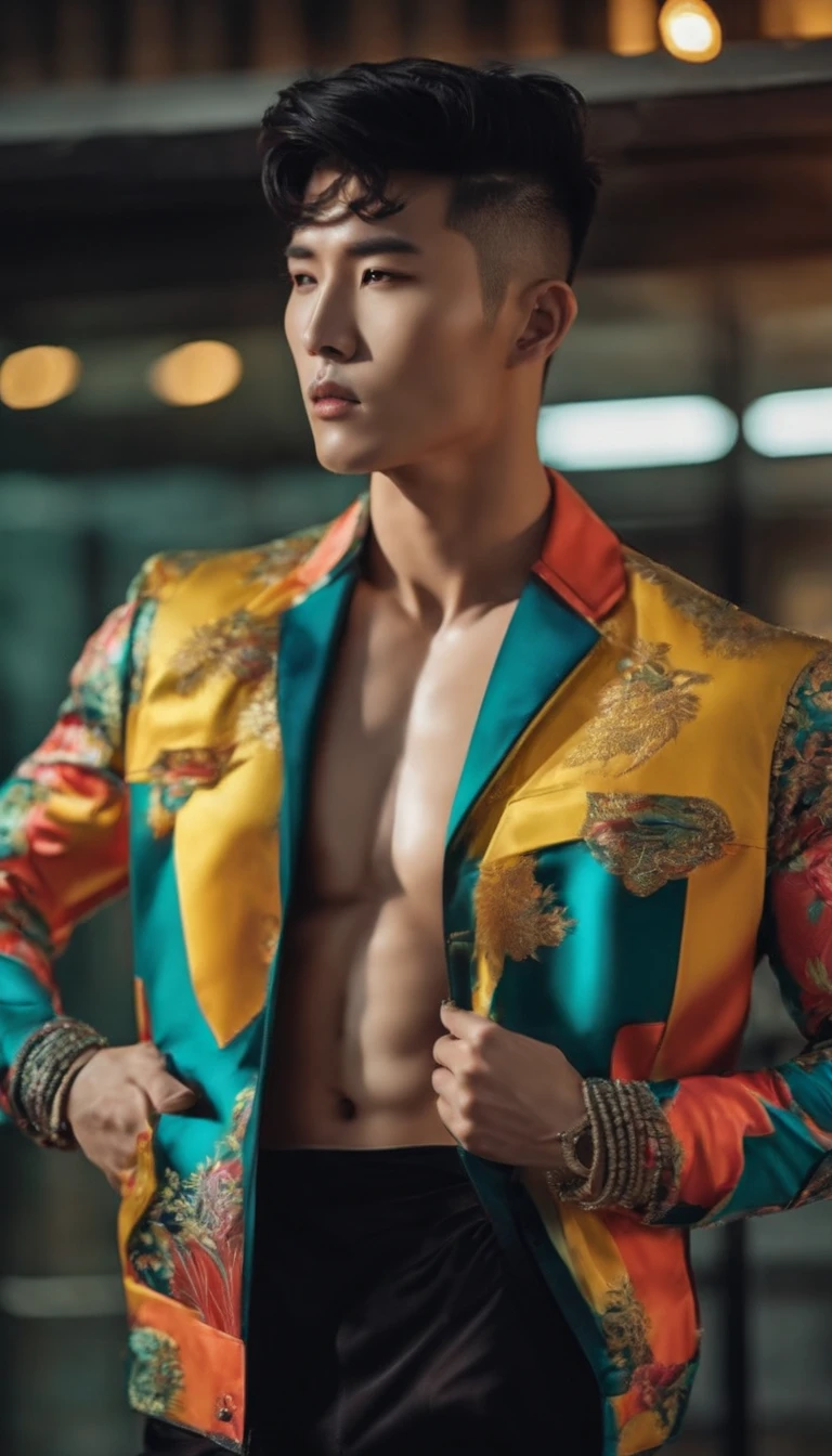 Fashion photo of Korean male model with black undercut hair, Muscular body, wearing colorful trend jacket sixpack exposed belly in flash cinematic style