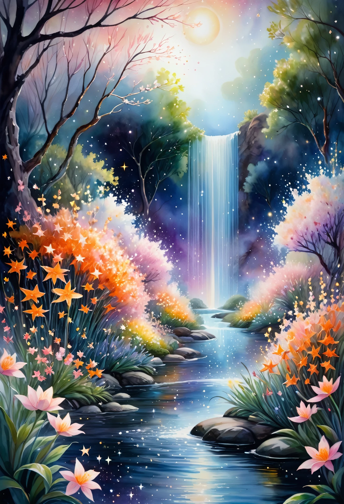 Featured artworks, A fusion of watercolor and oil painting, highest quality, Super quality, 16k, Delicate, dynamic and beautiful depiction, A Garden Blooming in Space, white, pink, orange, River of Little Stars, River of Little Stars flowing, Mysterious and developing, Space Fantasy, Curtain of light, Christian Lassen style