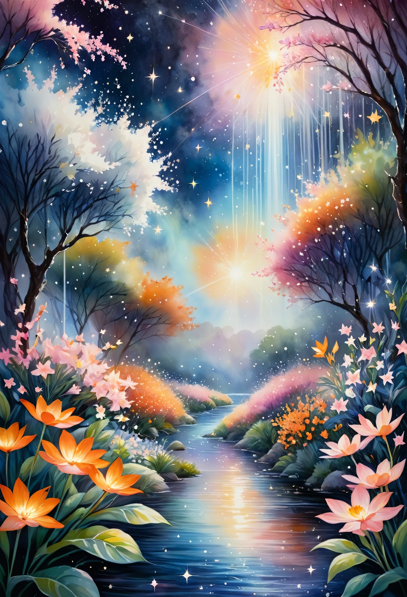 Featured artworks, A fusion of watercolor and oil painting, highest quality, Super quality, 16k, Delicate, dynamic and beautiful depiction, A Garden Blooming in Space, white, pink, orange, River of Little Stars, River of Little Stars flowing, Mysterious and developing, Space Fantasy, Curtain of light, Christian Lassen style