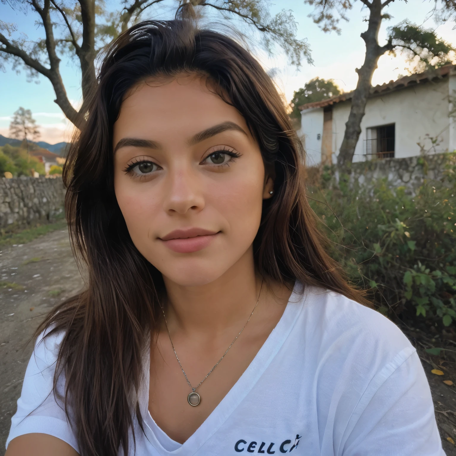 fotorrealista, ultra detallado, mujer hermosa, foto retrato, Solo, looking to the camera, de pie, beautiful small town with trees scene, escena brillante, La esencia de la vida real., Brown hair, 24 years old, alegre , mostrar escote medio, linternas, Cielo cristalino, analog style, film grain, Mejor sombra, primitivo, LUT de Instagram