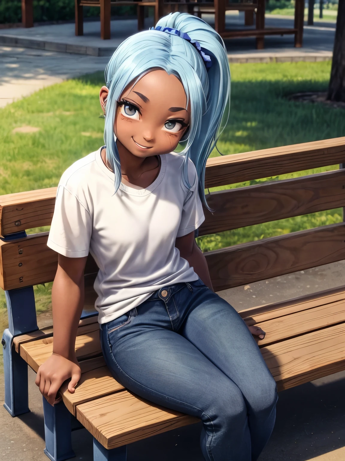 Urban park,girl１people,Long ponytail,Blue hair color, drooping eyes,Dark Eyes,,Brown skin,smile,Forehead,Blue jeans,Big white shirt,Sit on a bench with your legs spread,High angle,