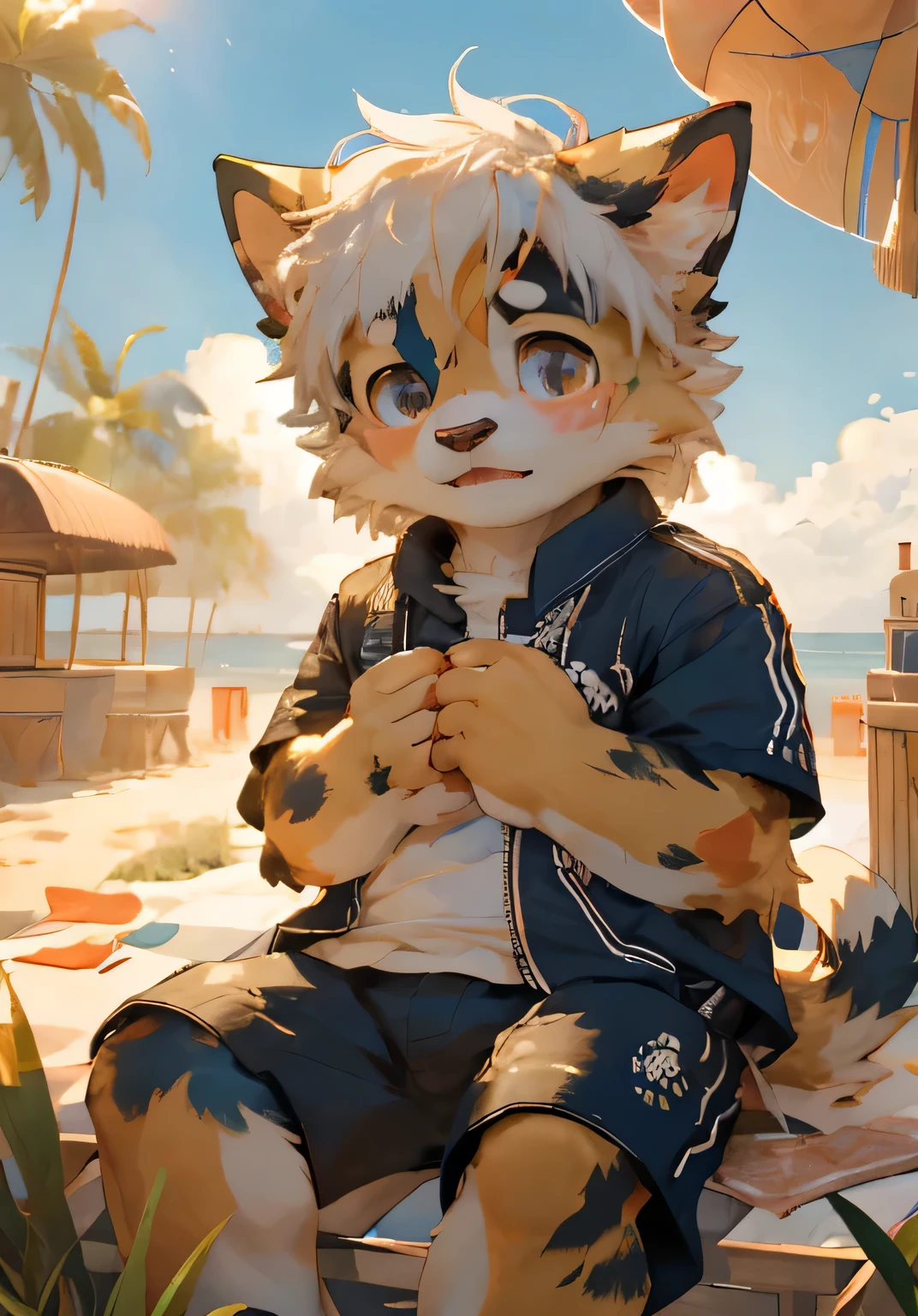 (masterpiece),(Very detailed),(best quality),hairy,Calico cat,Golden fur,white hair,Black pupil,(Ordinary clothes),((Shy expression)),lushforestbackground,8k,(high quality),(Ultra HD),(Ultra Detailed),(Young children),(Juvenile),Perfect sunshine,(Lying position),Gaze into the distance,Cool colors
