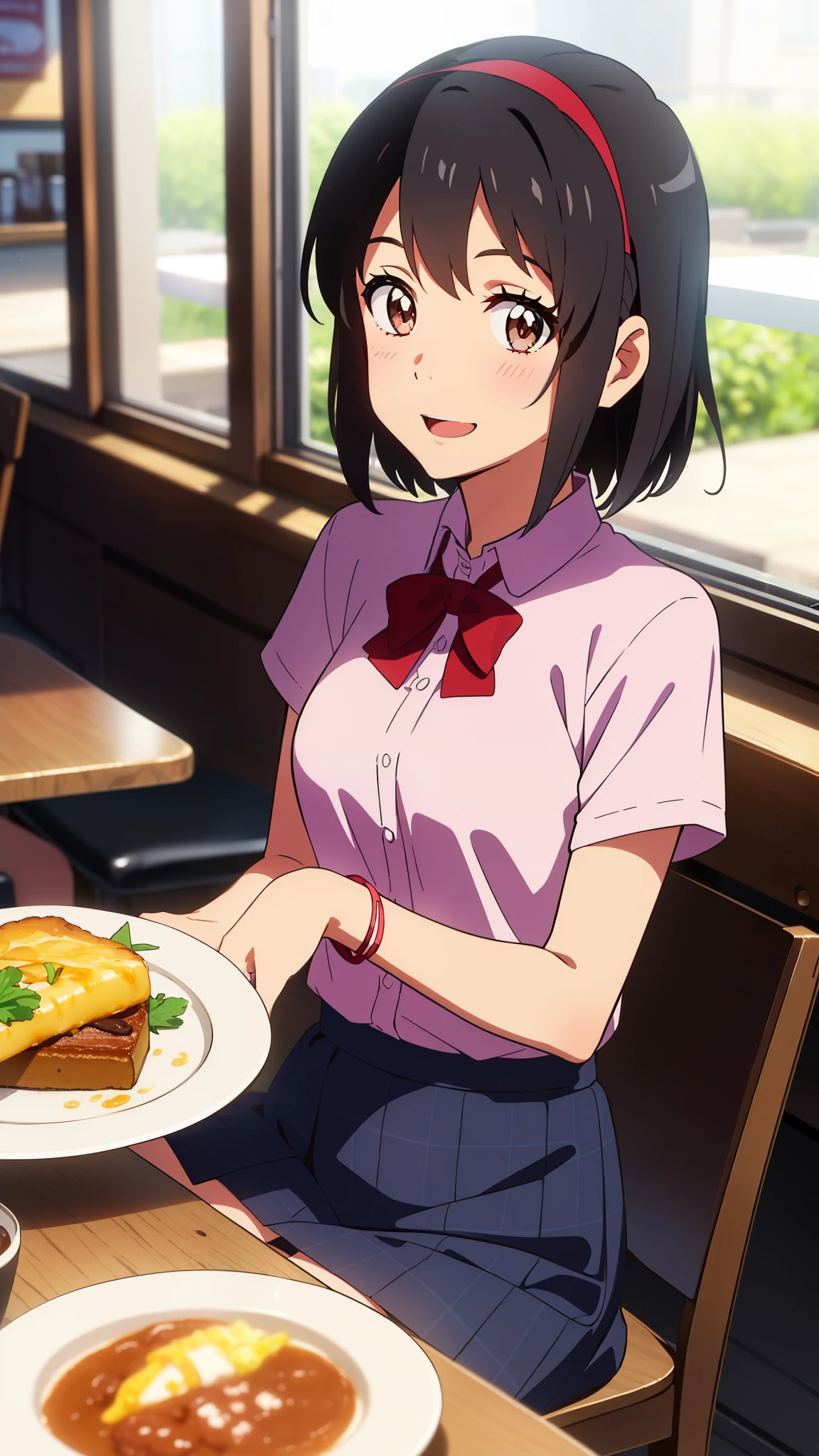 shinkai makoto, kimi no na wa., 1girl, bangs, black hair, blush, bright eyes, brown eyes, red headband, red ribbon, bracelet, short hair, cute, beautiful, shinny skin, looking at viewer, smile, cute, solo, casual shirt, t-shirt, skirt, plaid skirt, indoors, tavern setting, pov across table, eating, open mouth, two hands, excited, happy, cafe, resto, foods, drinks, sitting on the chair, table and chair