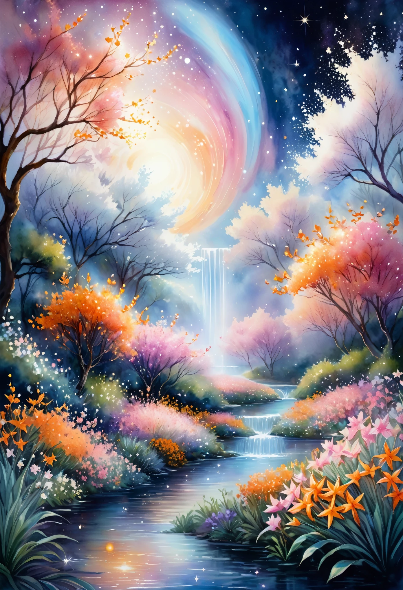 Featured artworks, A fusion of watercolor and oil painting, highest quality, Super quality, 16k, Delicate, dynamic and beautiful depiction, A Garden Blooming in Space, white, pink, orange, River of Little Stars, River of Little Stars flowing, Mysterious and developing, Space Fantasy, Curtain of light, Christian Lassen style