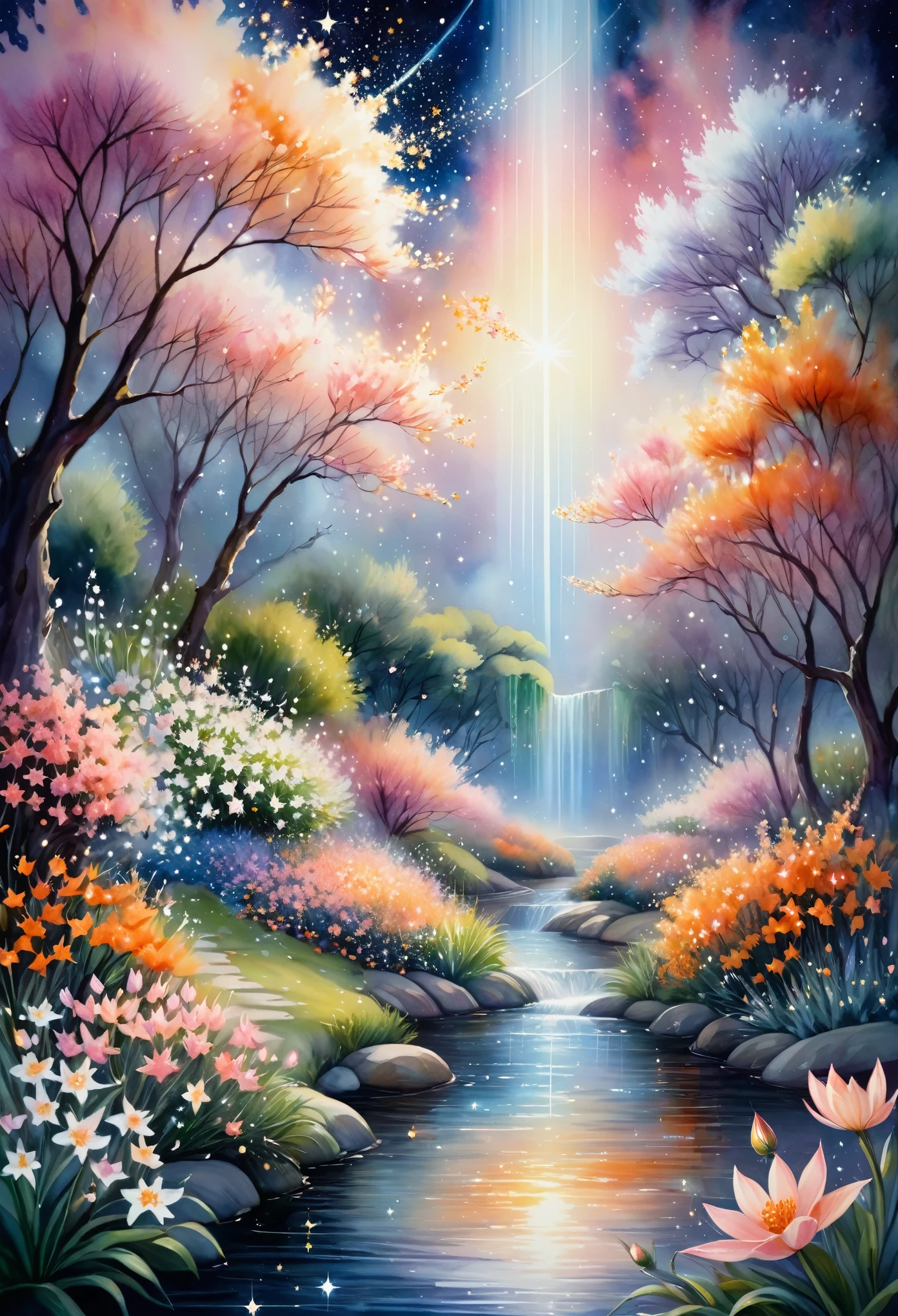 Featured artworks, A fusion of watercolor and oil painting, highest quality, Super quality, 16k, Delicate, dynamic and beautiful depiction, A Garden Blooming in Space, white, pink, orange, River of Little Stars, River of Little Stars flowing, Mysterious and developing, Space Fantasy, Curtain of light, Christian Lassen style