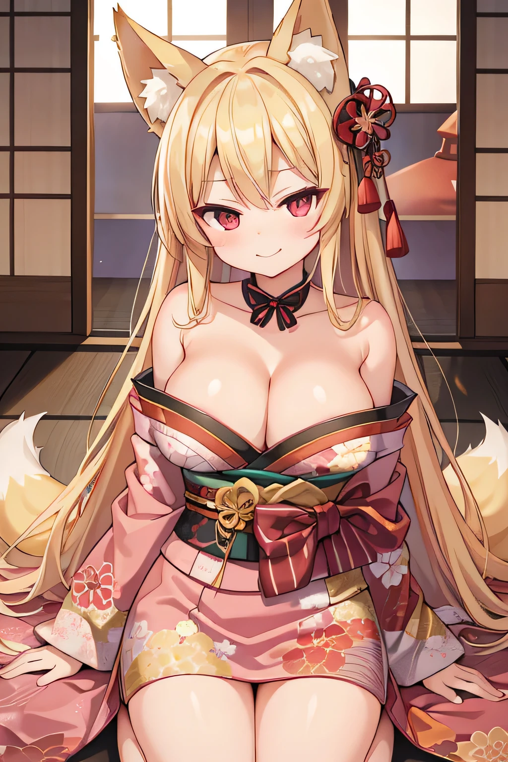 highest quality、、Smirking face、Big Breasts、Cleavage、Fox ears、Long blonde、Red Eye、kimono、Japanese-style room
