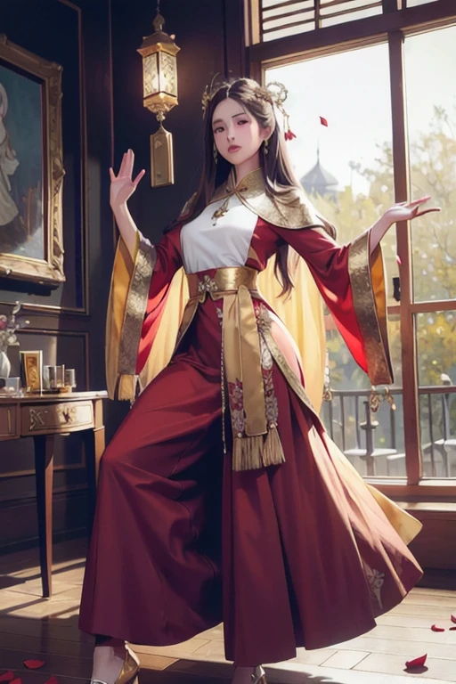 highest quality, masterpiece, High resolution, (Exquisite body:1.5),Gorgeous face,(Milky skin:1.3),Intricate details,High resolution,wallpaper,
One girl, alone, dress, hair ornaments, (((gold and red dress))), Flowers, Long Hair, Brown Hair, Mouth closed, jewelry, Long sleeve, Raise your hand, Wide sleeves, Big eyes,Floating Hair, Chinese clothing, Hanfu, embroidery, Long skirt, Natural pose, Falling petals, indoor,fan, lanthanum,
16k,High resolution,High resolution,Depth Field,(Film Grain:1.1),Book,Golden Hour,(Lens flare),Vignette,Rainbow-colored,(Color Grading:1.5)