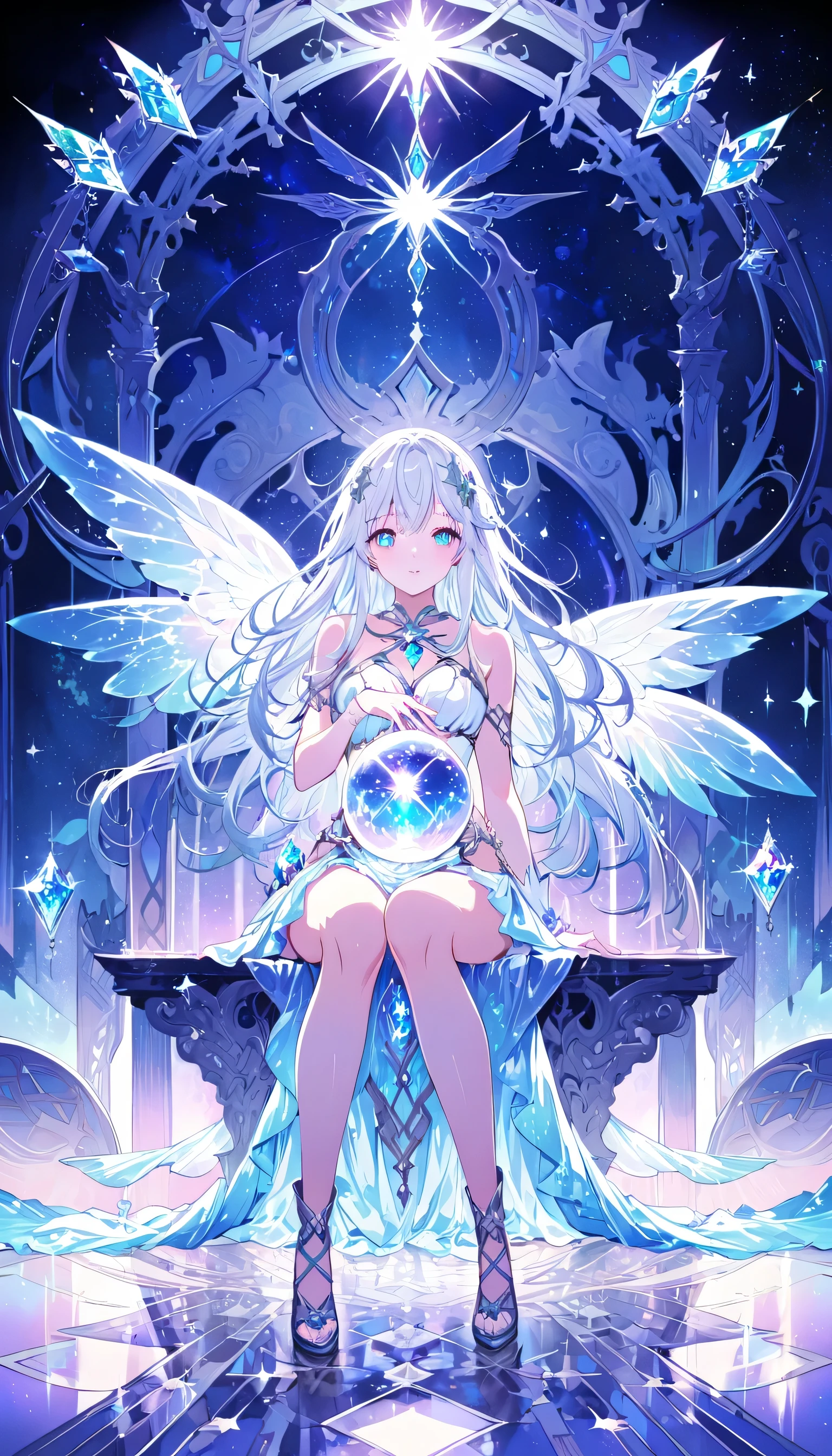High resolution,Moon Goddess,Artemis,Silver Hair,Long Hair,goddess outfit, Bright colors, Dreamy atmosphere, Captivating eyes, Mysterious Shadow, Unfairly Beautiful, Close-up shot, Fascinating patterns, Magical Expressions, Mysterious atmosphere, Whimsical poses, Great lighting, Intricate details, Fantastic scene, Captivating beauty, Mysterious colors, Attractive composition, Enchanting Magic, Memorable charm, Enigmatic charm, Dreamlike quality, Fascinating colors, magical transformation, Enchanting Dreams,Sitting,White Throne,He has a big shiny crystal ball