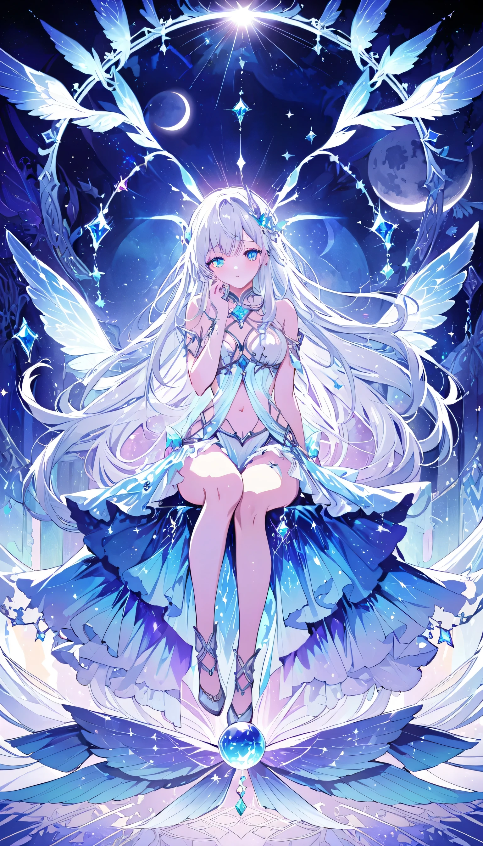 High resolution,Moon Goddess,Artemis,Silver Hair,Long Hair,goddess outfit, Bright colors, Dreamy atmosphere, Captivating eyes, Mysterious Shadow, Unfairly Beautiful, Close-up shot, Fascinating patterns, Magical Expressions, Mysterious atmosphere, Whimsical poses, Great lighting, Intricate details, Fantastic scene, Captivating beauty, Mysterious colors, Attractive composition, Enchanting Magic, Memorable charm, Enigmatic charm, Dreamlike quality, Fascinating colors, magical transformation, Enchanting Dreams,Sitting,White Throne,He has a big shiny crystal ball