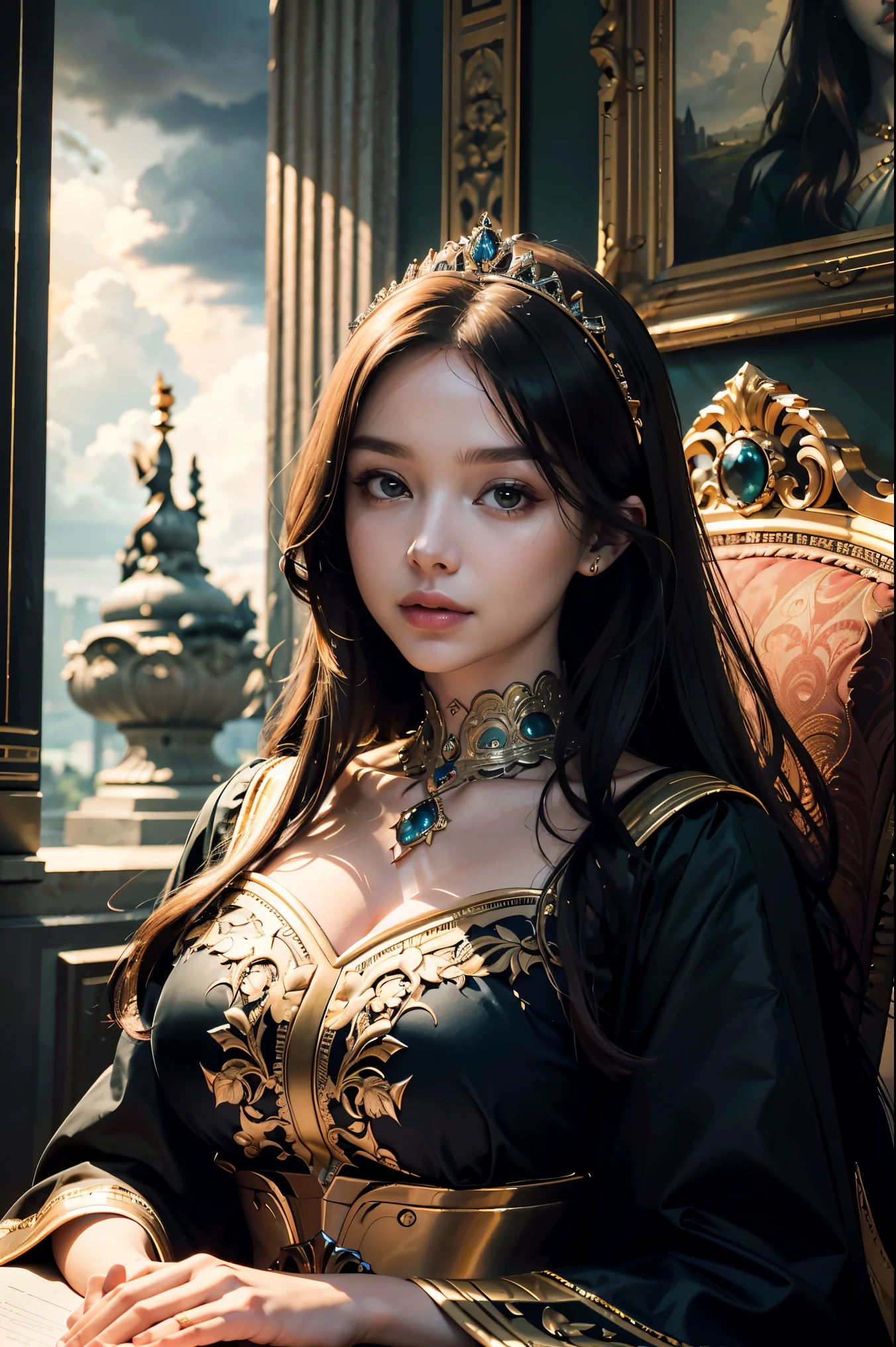 (best quality,4k,8k,highres,masterpiece:1.2),ultra-detailed,(realistic,photorealistic,photo-realistic:1.37),oil painting,princess,medieval,fantasy,royalty,arrogant,tyrannical ruler,confident,regal,dark atmosphere,castle,throne room,ornate decorations,dramatic lighting,rich color palette,lush garden,mysterious aura,haughty expression,flowing gown,luxurious jewelry,meticulously crafted crown,sharp features,evil smirk,intense gaze,elaborate hairstyles, princess in a majestic palace,ominous clouds,hidden secrets,secretive smile,domineering presence,fascinating shadows,commanding presence,adorned with power,ageless beauty,floating ethereal presence,grandiose architecture,menacing presence of the princess