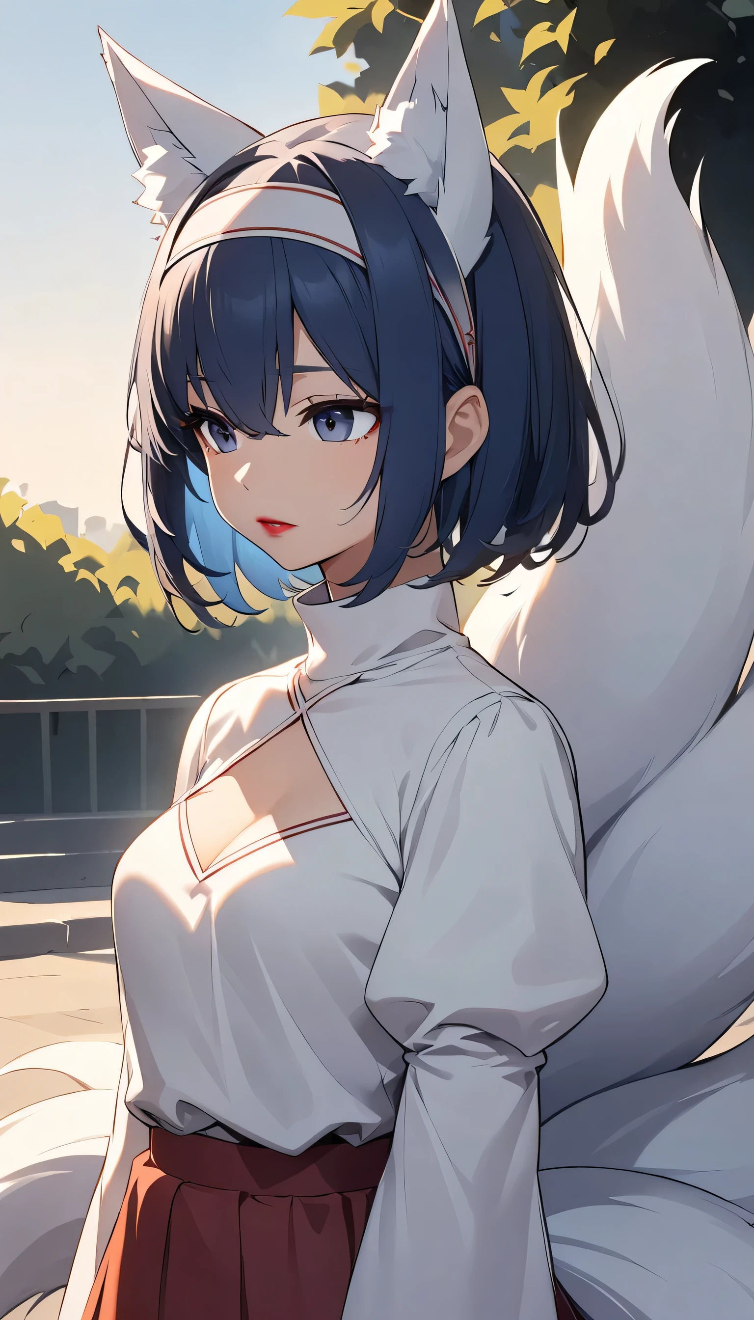 One girl,  ?????, ????? cleavage, ????? cleavage cutout, Dress cutout, Outdoor、 Hair between the eyes, head band, High resolution, Juliet Sleeve, Long sleeve,  Fluffy sleeves, Red lips, Shadow Face, short hair, alone, Turtleneck sweater, Upper Body, l Blue hair, null, White fox ears, White fox tail, nine tailed fox,