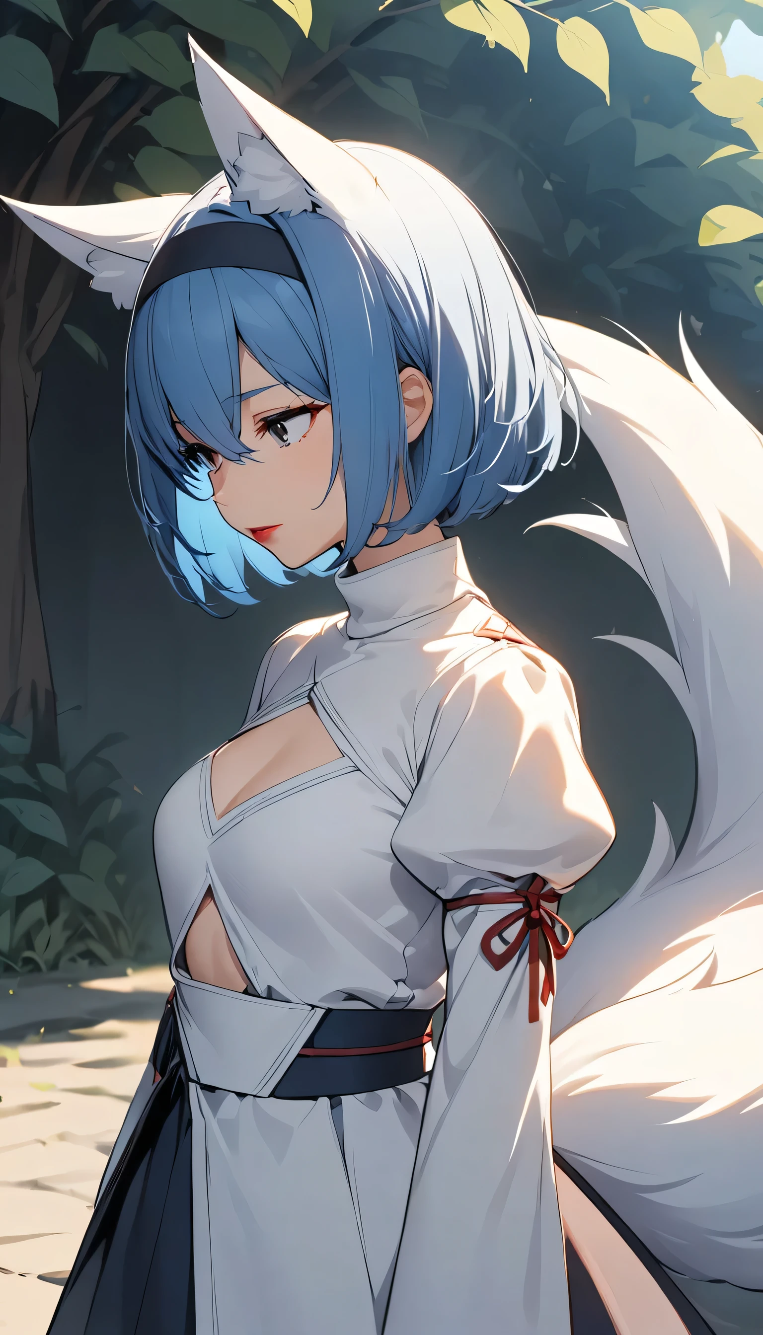 One girl, chest, Chest cleavage, Chest cleavage cutout, Dress cutout, Outdoor、 Hair between the eyes, head band, High resolution, Juliet Sleeve, Long sleeve, Fluffy sleeves, Red lips, Shadow Face, short hair, alone, Turtleneck sweater, Upper Body, l Blue hair, null, White fox ears, White fox tail, nine tailed fox,