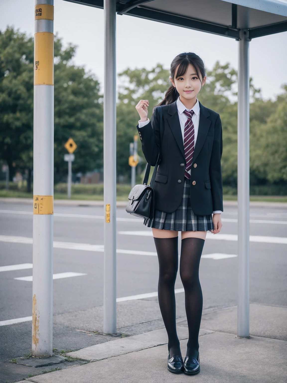 Super quality、8k、Pieces fly、(RAW Photos:1.4)、High resolution、((Composition away from the subject))、((Full body photo from face to ankles))、Detailed skin、Glowing Skin、、Small face、smile、Open your mouth、Look forward、Stand with your feet together、Stand with good posture、Residential area in the morning、Realistic、14-year-o gibus s、I was waiting alone、hang your school bag on your shoulder、、Slender and delicate body、(big:1.3)、Blazer uniform、girl 、Checked skirt、healthy、young woman、black tights、black tights、Black knee-high socks、茶色のloafers革靴、loafers、Full Body Shot、Clean hairstyles、Accentuates extremely slim legs