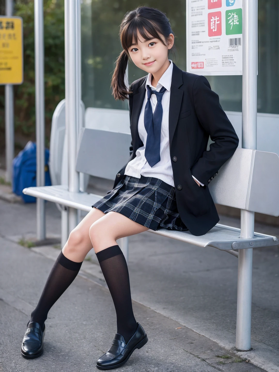 Super quality、8k、Pieces fly、(RAW Photos:1.4)、High resolution、((Composition away from the subject))、((Full body photo from face to ankles))、Detailed skin、Glowing Skin、Baby Face、Small face、smile、Open your mouth、Look forward、Stand with your feet together、Stand with good posture、Residential area in the morning、Realistic、14-year-old girl、、bus stop、I was waiting alone、hang your school bag on your shoulder、、Slender and delicate body、(big:1.3)、Blazer uniform、girl 、Checked skirt、healthy、young woman、black tights、black tights、Black knee-high socks、茶色のloafers革靴、loafers、Full Body Shot、Clean hairstyles、Accentuates extremely slim legs