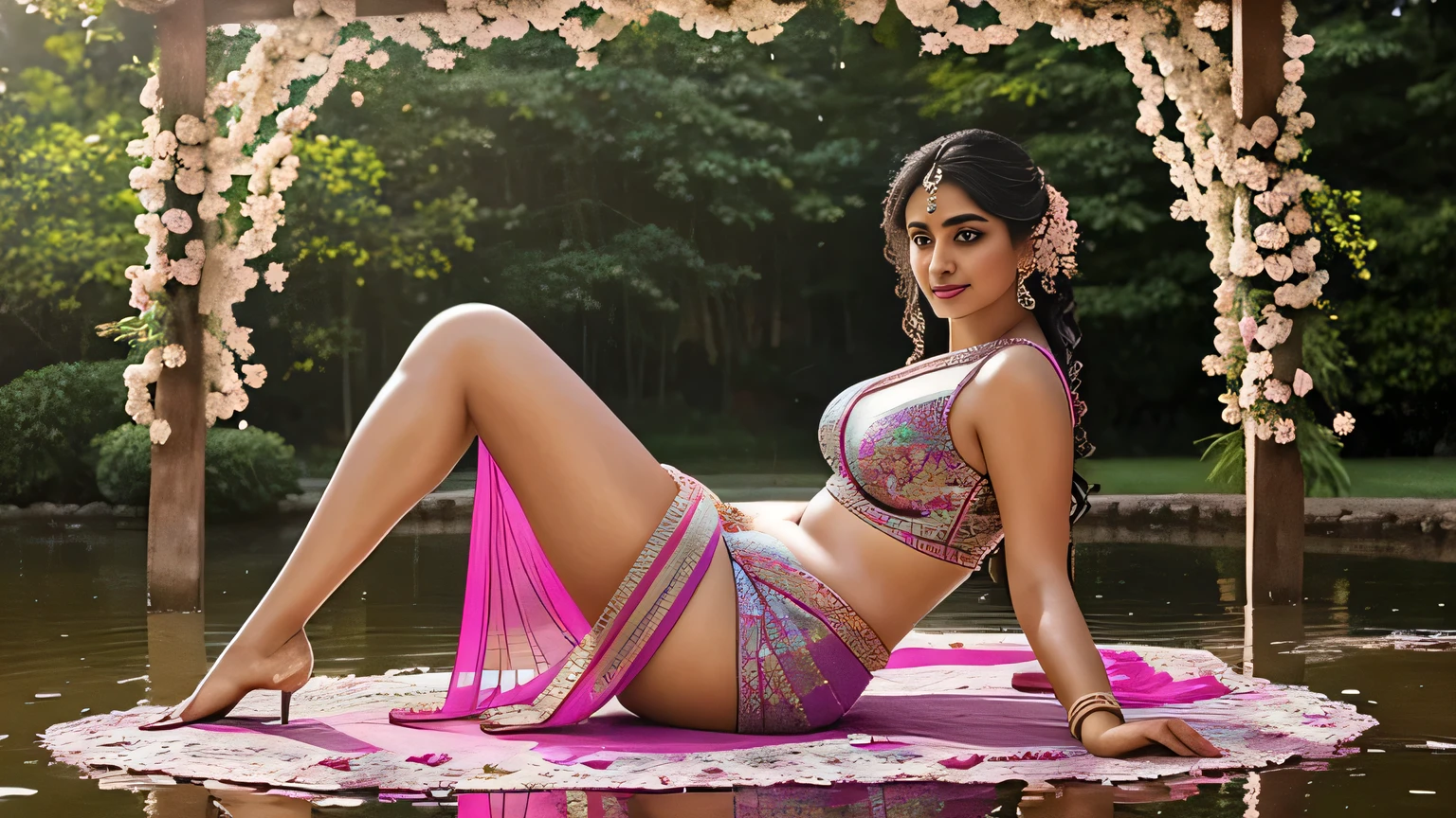 (((Stunningly Beautiful Bollywood supermodel))), elegant blue black updo hair, sweet smile, Beautiful bride posing under a fairy tale arch of exotic magical flowers, looking back,elaborate scene style, crystal glass lattice, glitter, transparent embroidered lace, realistic style, 8k,exposure blend, medium shot, bokeh, (cinematic), (hyperdetailed:1.2),Realism,1 L plus size woman, ((princess pose)) ,very very big brsoft nylon sexy sar, multicolour ,flower design modern light saree, colorful, flower armor, good anatomy, best quality, (((masterpiece))), high quality, realist, best detailed, details, realist skin, skin detailed, underboobs, beautiful posing under a fairy tale of exotic magical flowers and meadows background,girl sit in lake,big_ , smile, flowers put on hand, wearing bangles wearing adherence, wearing saffron paste on forehead, , Realism, High detailed ,Sexy Big Brt,girl weindian saree, show half nipple, flowers gardeadows ,princess dress, waterfall
((Girl immersed in water upto neck)),,undersized clothes,queenofmanedef,sari, face_in_assrecostado,AssRipple,leha choli indiaaree(dressed in transparent saree)(wearing glitter graphics jewelry)big ,Sexy Big Breast,nipple,bright li ,long_hakeh ,nsndian ,tree branch, colourfull ,undersized bra,princess dress,lehenga choli brest size bold women in loose