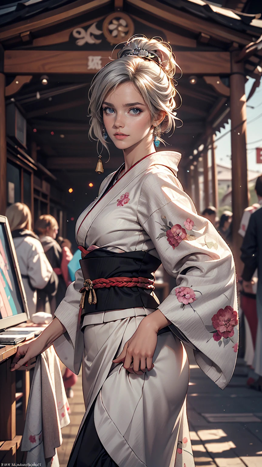 (Dramatic digital art:1.3) of,(Lively:1.3) portrait of female (Snezana Sakovich 2:1.1) wear Kimono, Style - Silver Magic, Stylish girl,society,Art Station