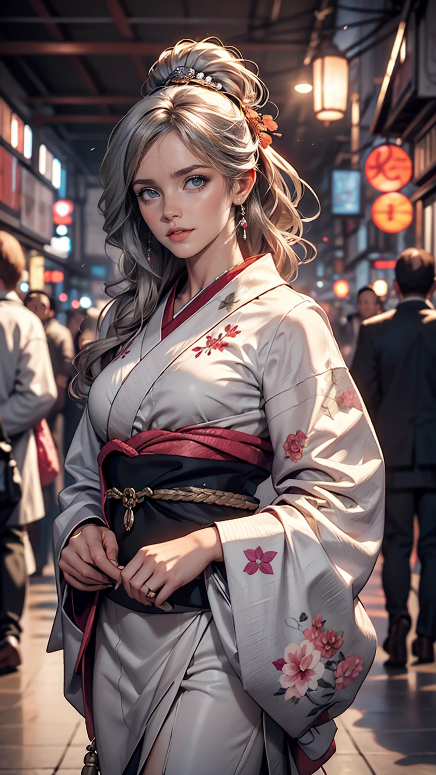 (Dramatic digital art:1.3) of,(Lively:1.3) portrait of female (Snezana Sakovich 2:1.1) wear Kimono, Style - Silver Magic, Stylish girl,society,Art Station
