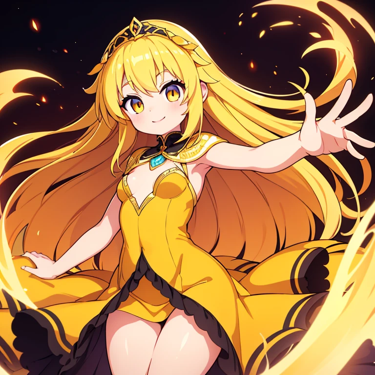 (highest quality:1.2, Very detailed, up to date, Vibrant,whole body, Ultra-high resolution, High Contrast, masterpiece:1.2, highest quality, Best aesthetics), Five fingers,(Small face), (Very detailedな肌:1.2), One Girl, (blonde, Long Hair, Amber Eyes), (Slim figure:1.4, Women with slim bodies and small breasts), Beautiful Eyes, Glossy Lips, Glowing Skin,Captivating thighs, ((smile)),Yellow dress coat,Orange panniers,Golden lace veil,Hands outstretched out here