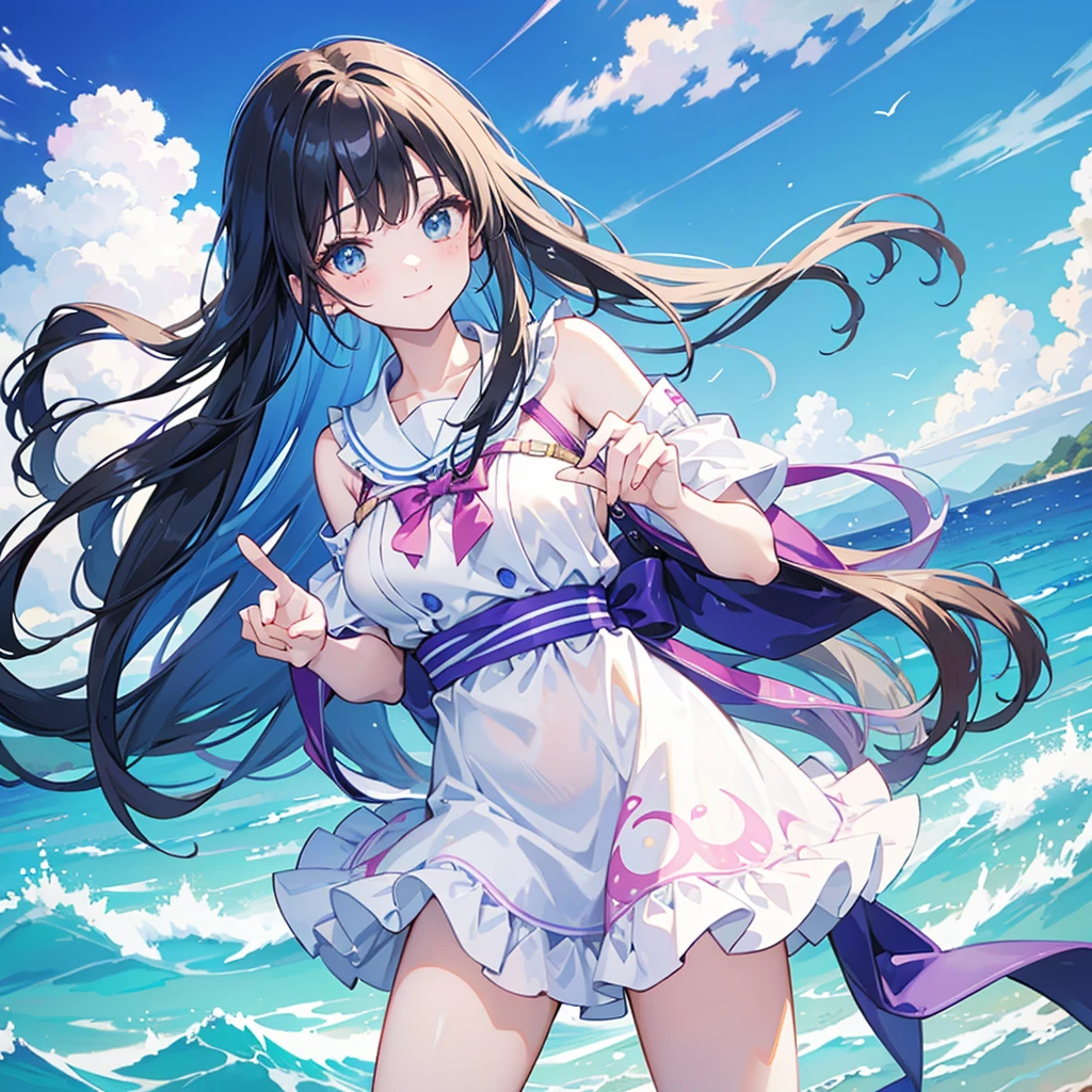 anime、Vibrant colors、Watercolor、Beauty、20 years old、Black Hair、Long Hair、Calm、Bright eyes、Sparkling eyes、smile、Large Breasts、blue sky、rainbow、Ocean、1000 water particles、rainbowを見つめている、dancing、Clear water flows like a waterfall、Bright dress