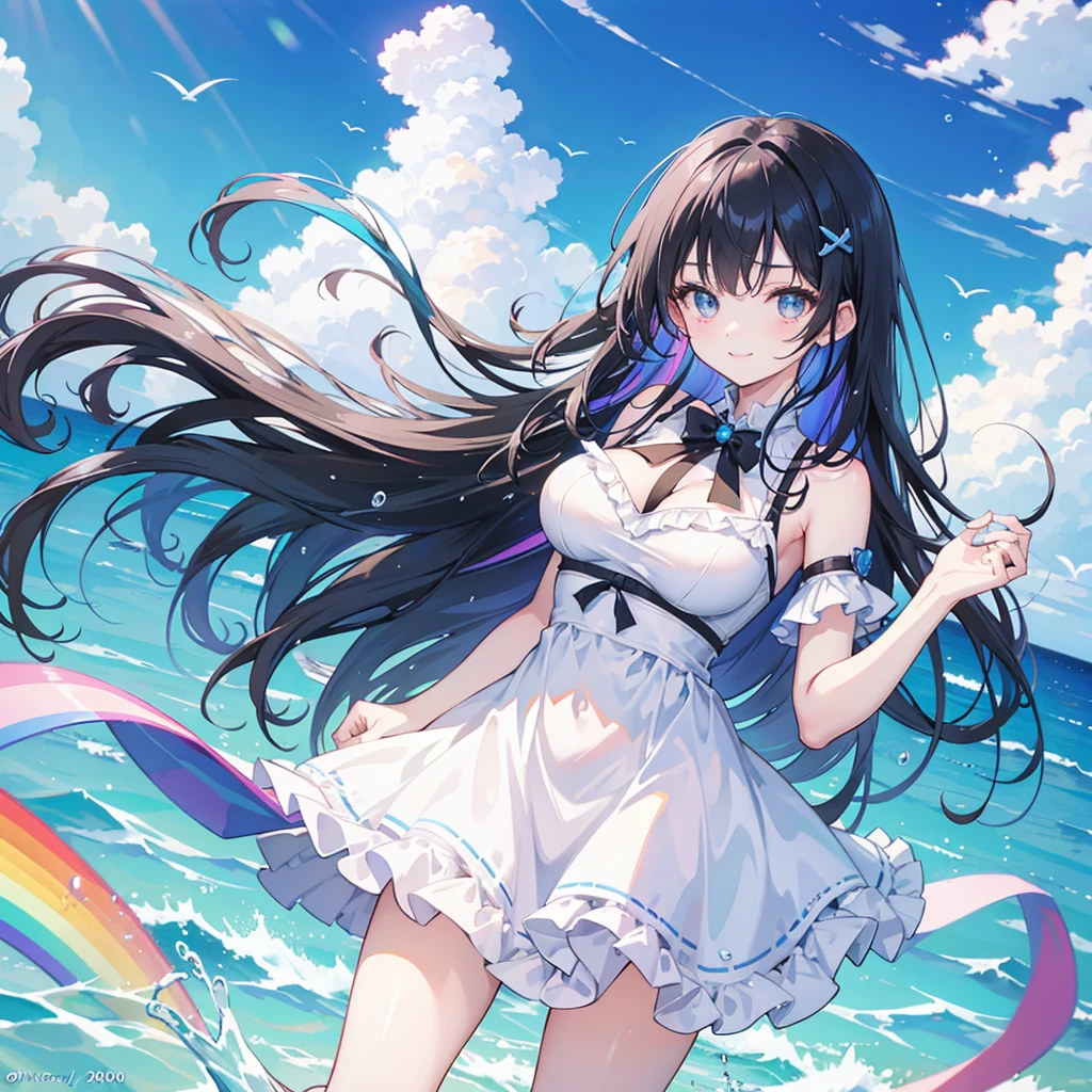 anime、Vibrant colors、Beauty、20 years old、Black Hair、Long Hair、Calm、Bright eyes、Sparkling eyes、smile、Large Breasts、blue sky、rainbow、Ocean、1000 water particles、rainbowを見つめている、dancing、Clear water flows like a waterfall、Bright dress