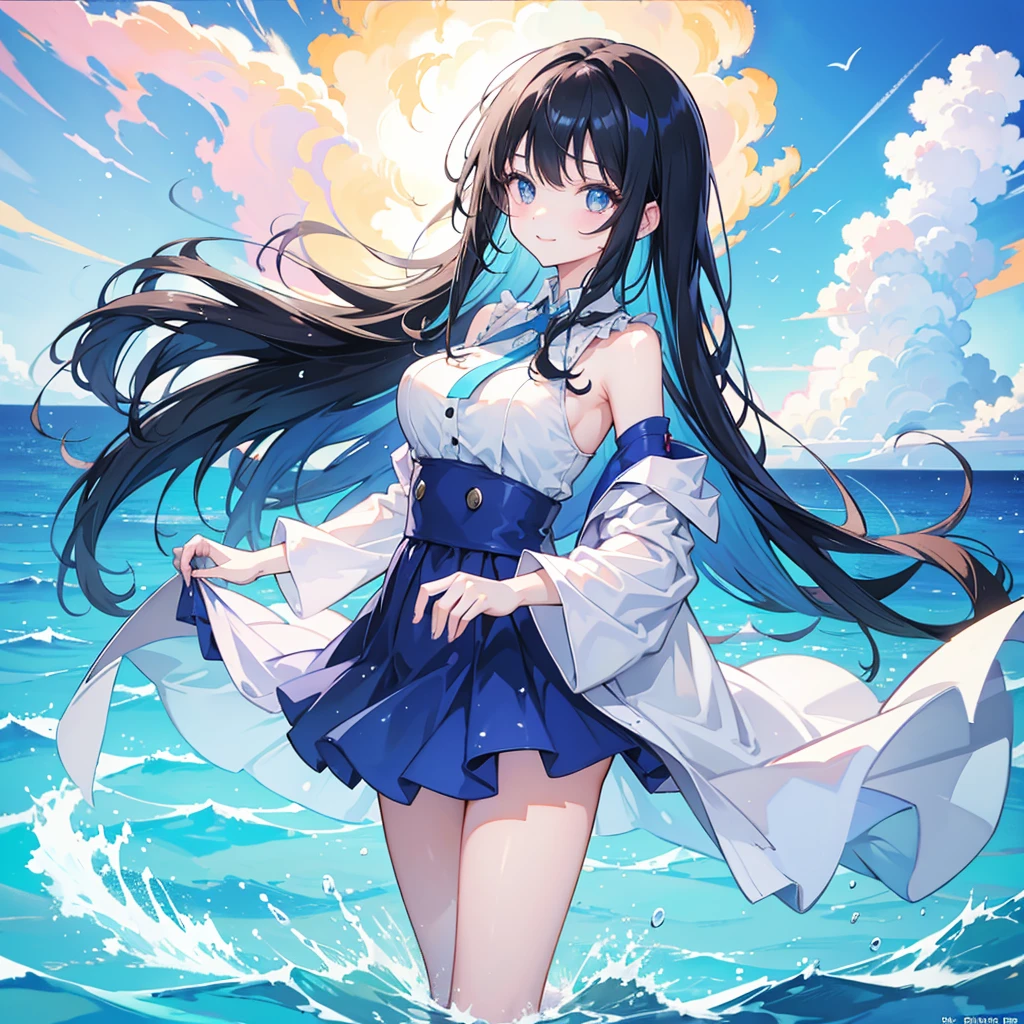 anime、Vibrant colors、Beauty、20 years old、Black Hair、Long Hair、Calm、Bright eyes、Sparkling eyes、smile、Large Breasts、blue sky、rainbow、Ocean、1000 water particles、rainbowを見つめている、dancing、Clear water flows like a waterfall、Bright dress