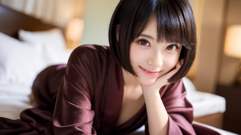 ultra detailed, 8K, a woman, happy, grinning, standing, short hair, center part, flipped hair, black hair, brown eyes, eyes open, fair skin, tiny, glamorous, bathrobe, cute face, baby face, 20-year-old, japanese, in the bedroom, kawaii, ultra realistic photo, full body shot